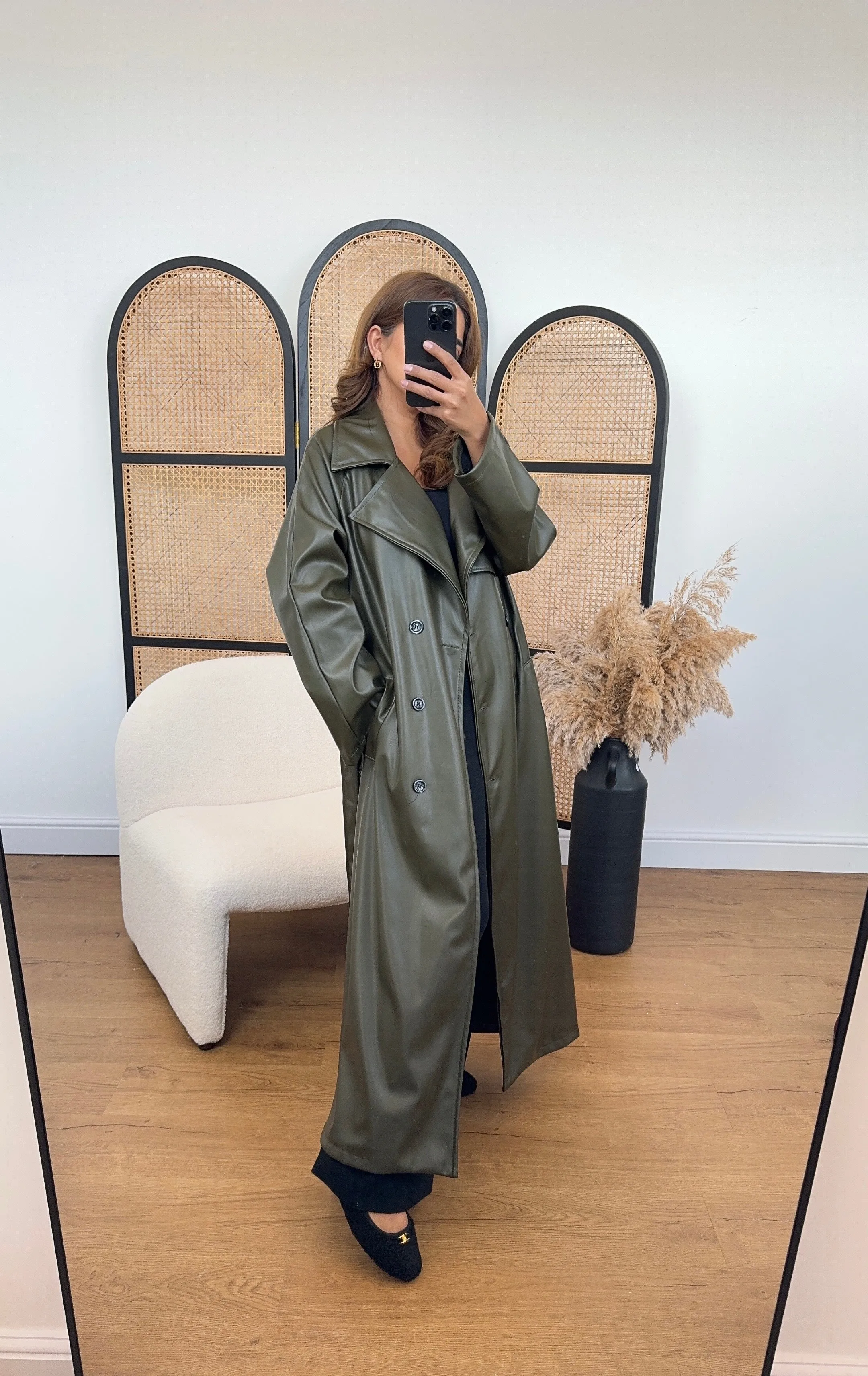 Nila long faux trench coat olive