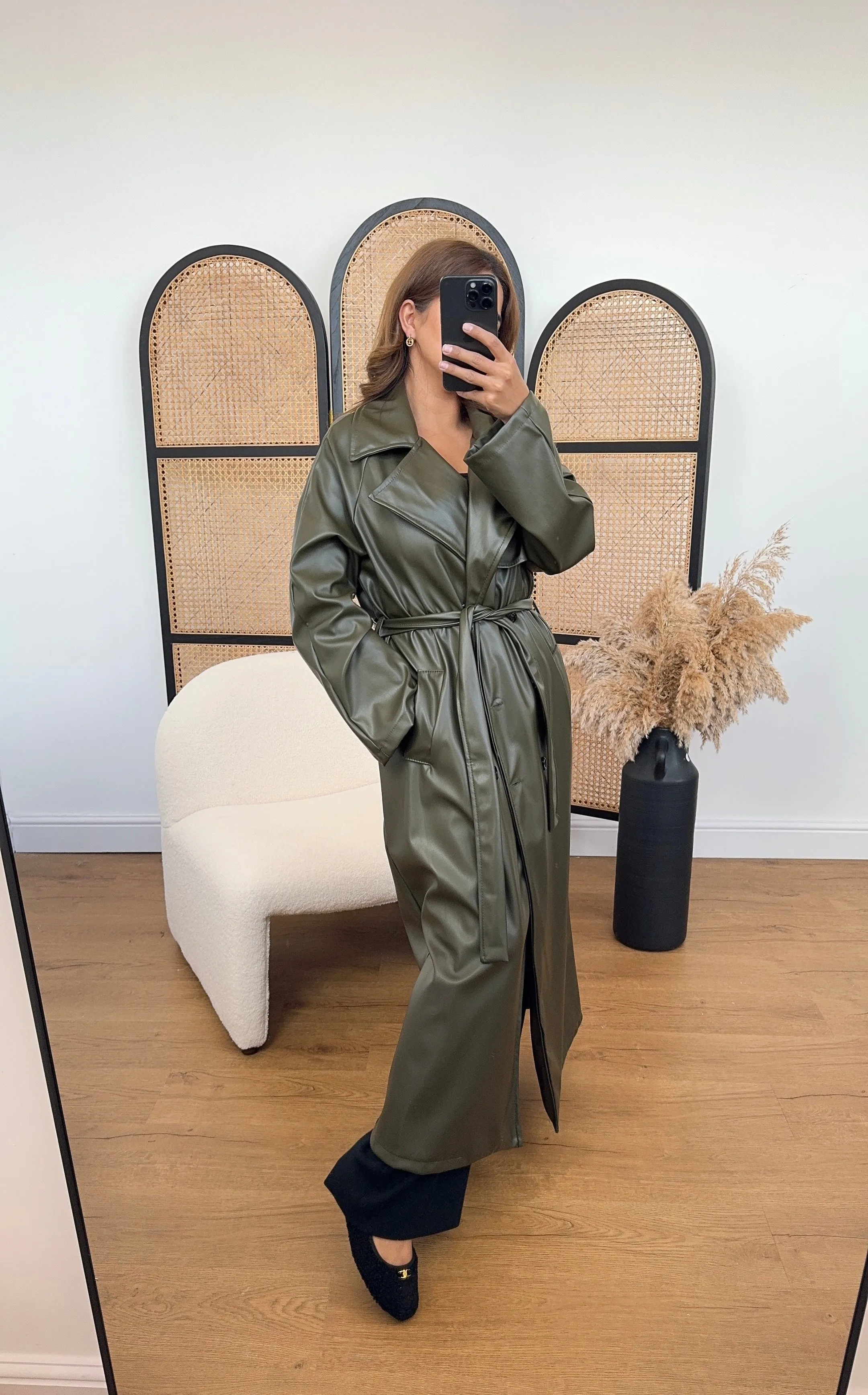 Nila long faux trench coat olive