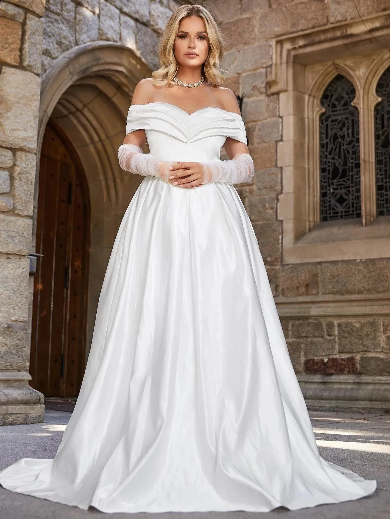 Off Shoulder Floor Length Satin Wedding Dress