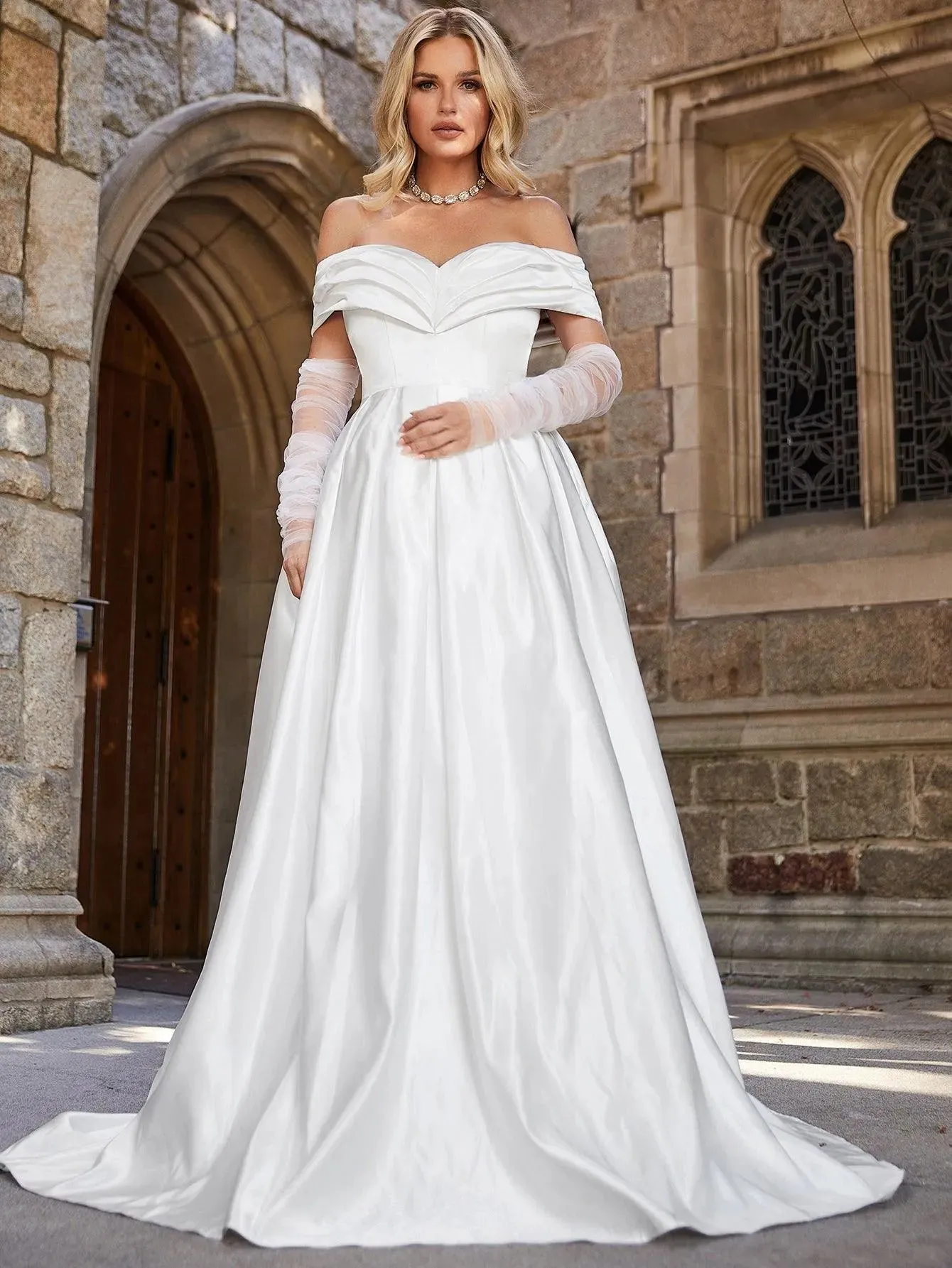 Off Shoulder Floor Length Satin Wedding Dress