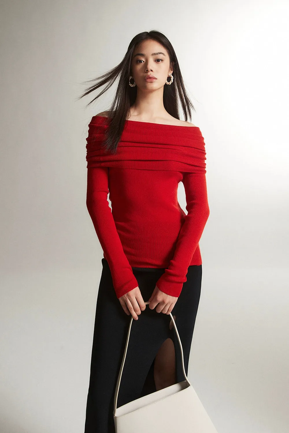 Off-Shoulder Ribbed Knit Layered Long Sleeve Sweater