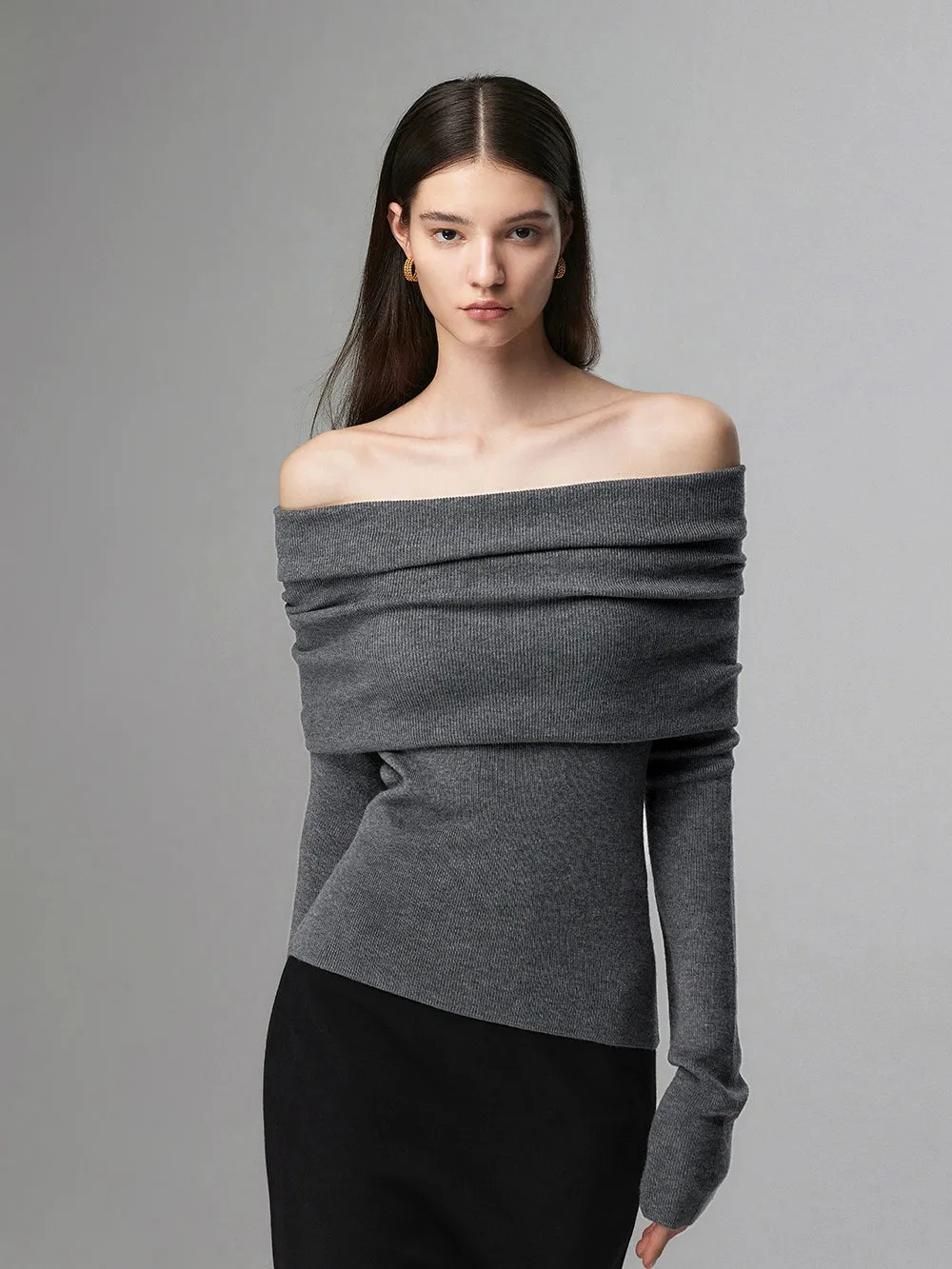 Off-Shoulder Ribbed Knit Layered Long Sleeve Sweater