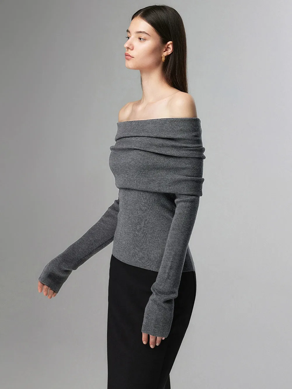 Off-Shoulder Ribbed Knit Layered Long Sleeve Sweater