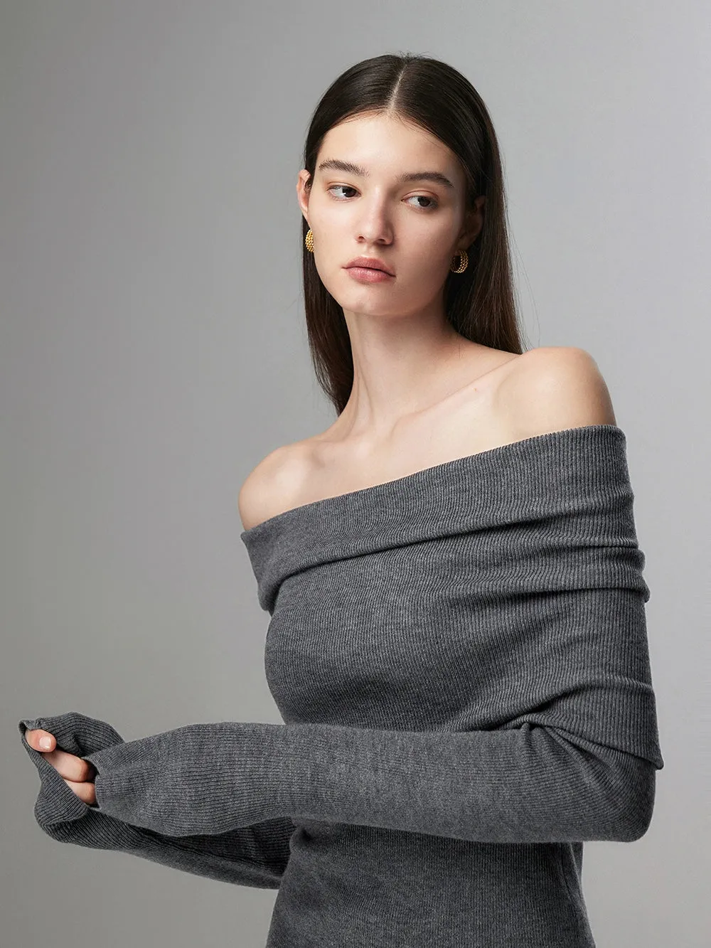 Off-Shoulder Ribbed Knit Layered Long Sleeve Sweater