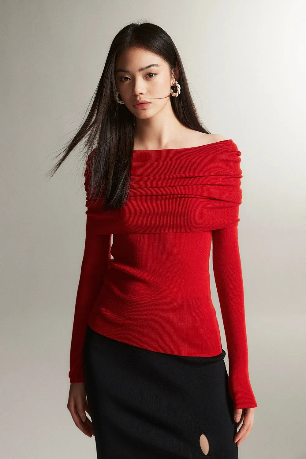 Off-Shoulder Ribbed Knit Layered Long Sleeve Sweater