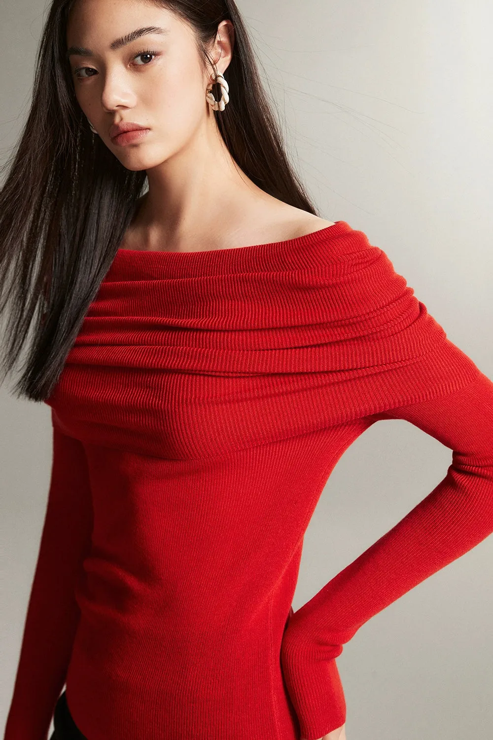 Off-Shoulder Ribbed Knit Layered Long Sleeve Sweater