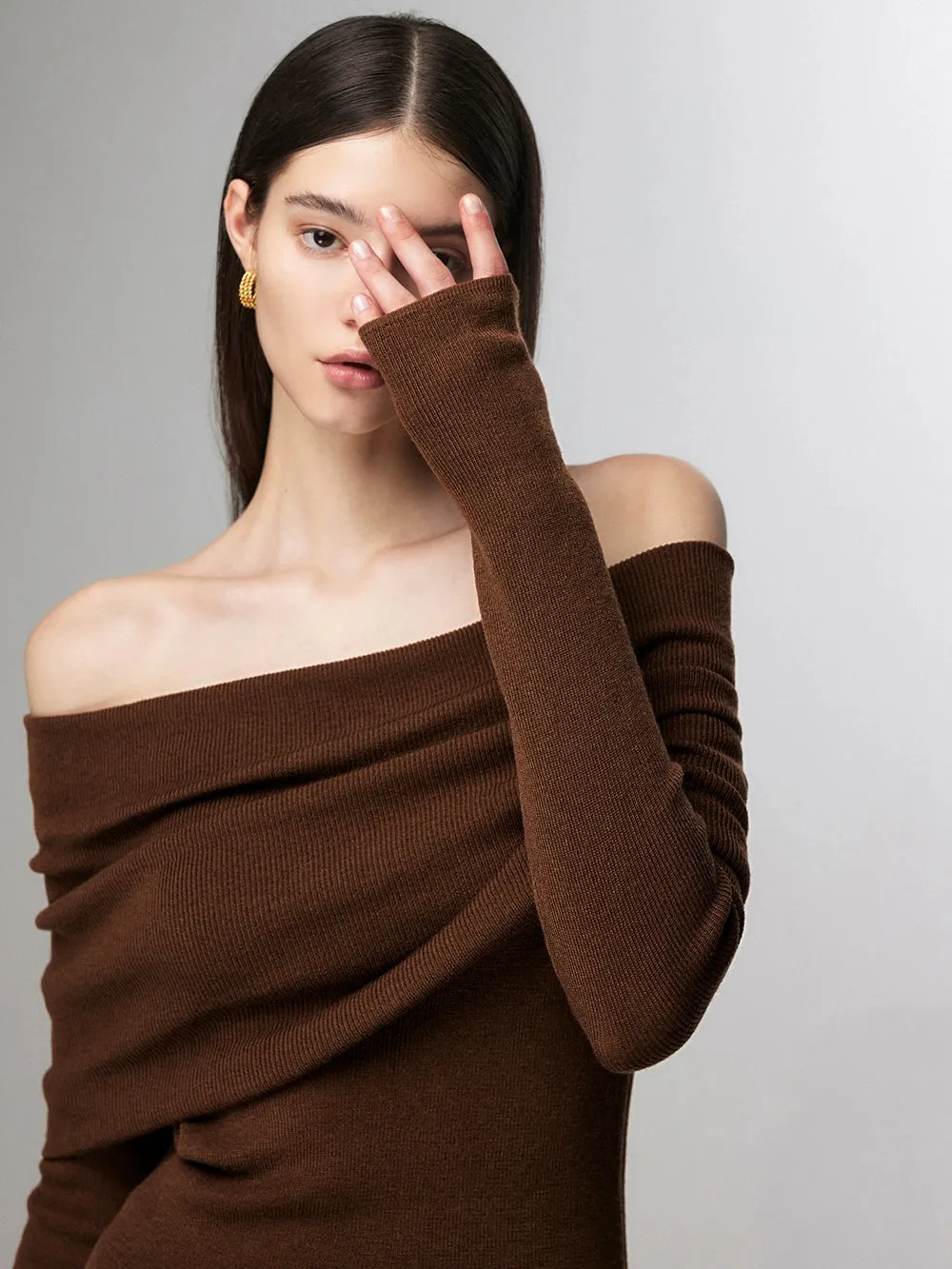 Off-Shoulder Ribbed Knit Layered Long Sleeve Sweater