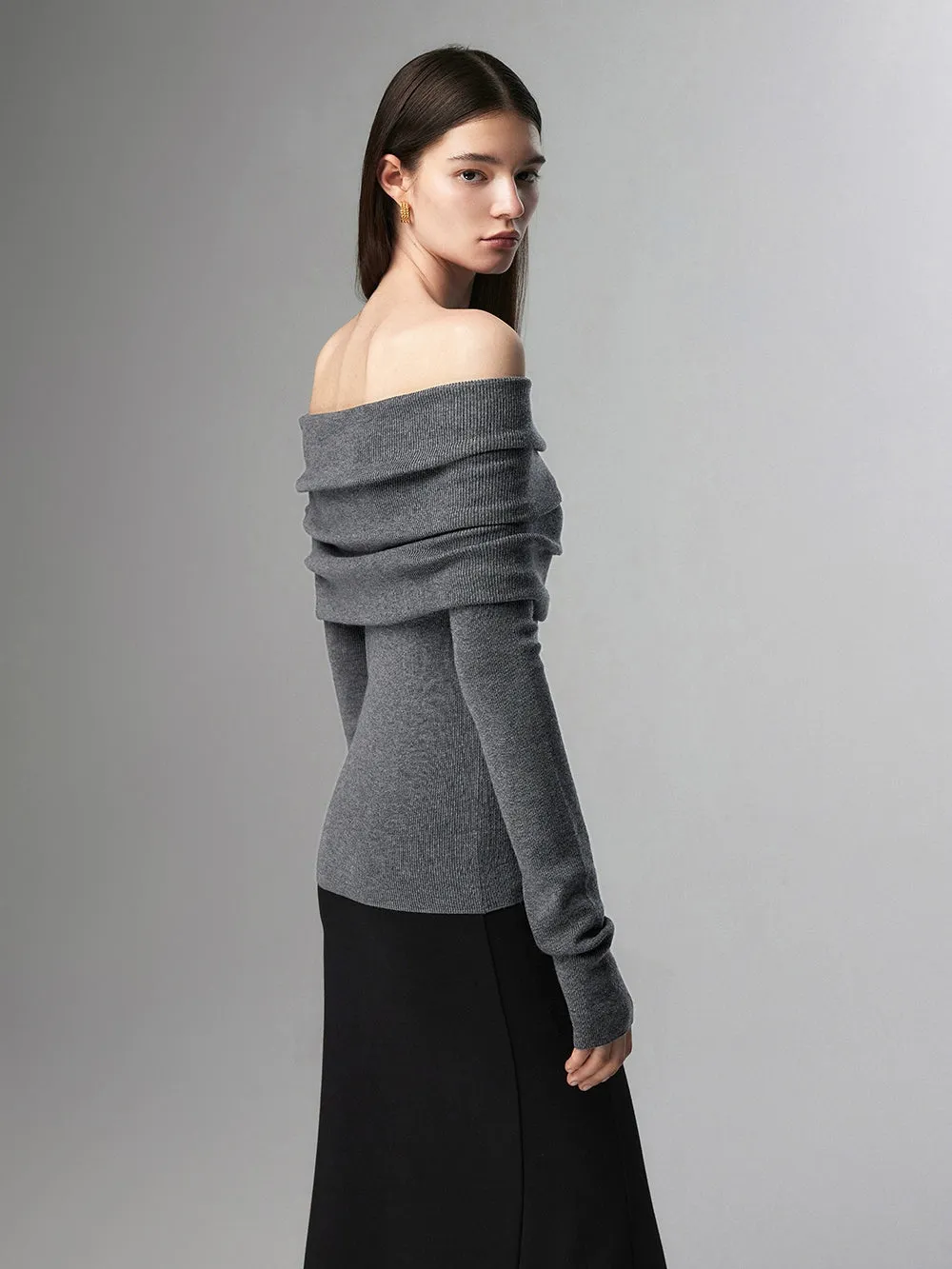 Off-Shoulder Ribbed Knit Layered Long Sleeve Sweater