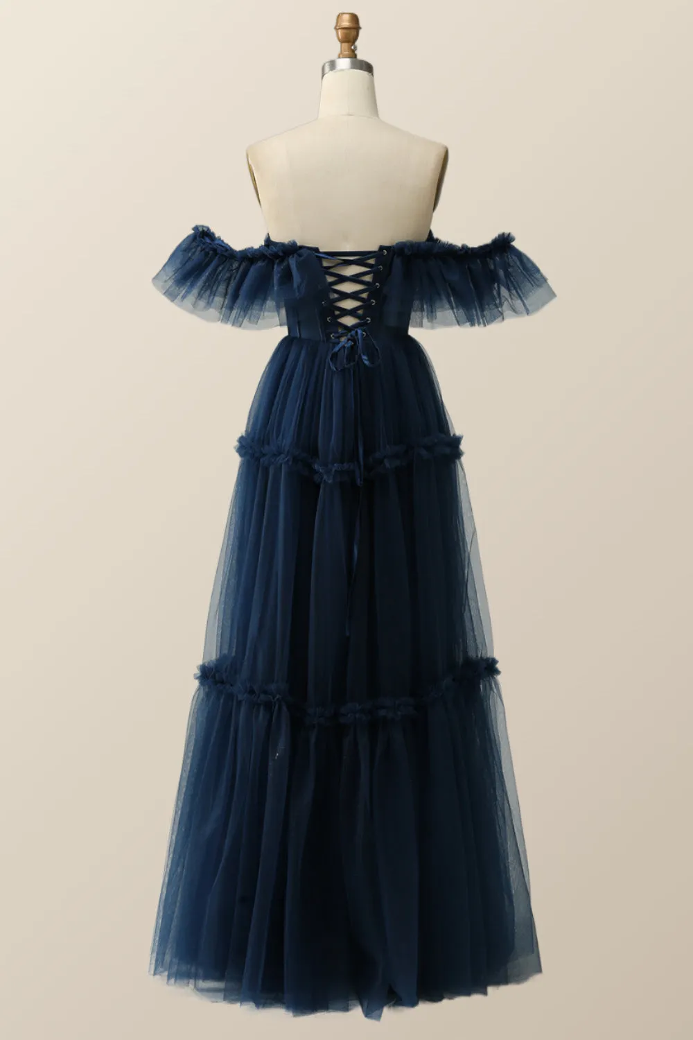 Off the Shoulder Navy Blue Tulle Formal Gown