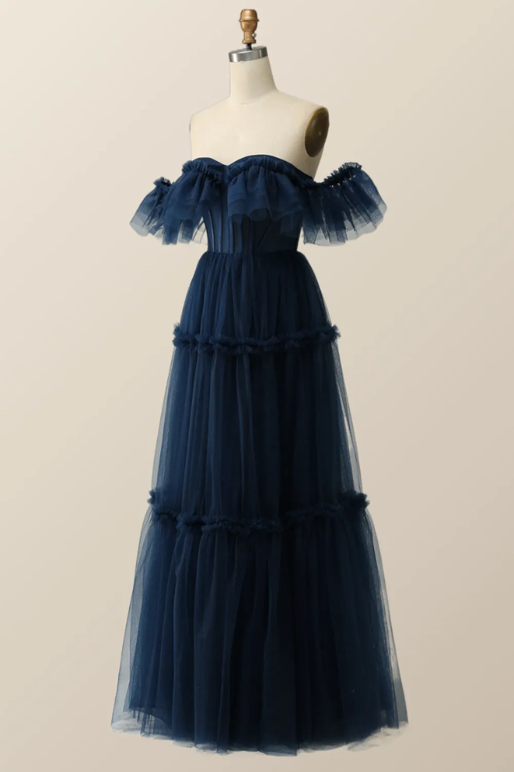 Off the Shoulder Navy Blue Tulle Formal Gown