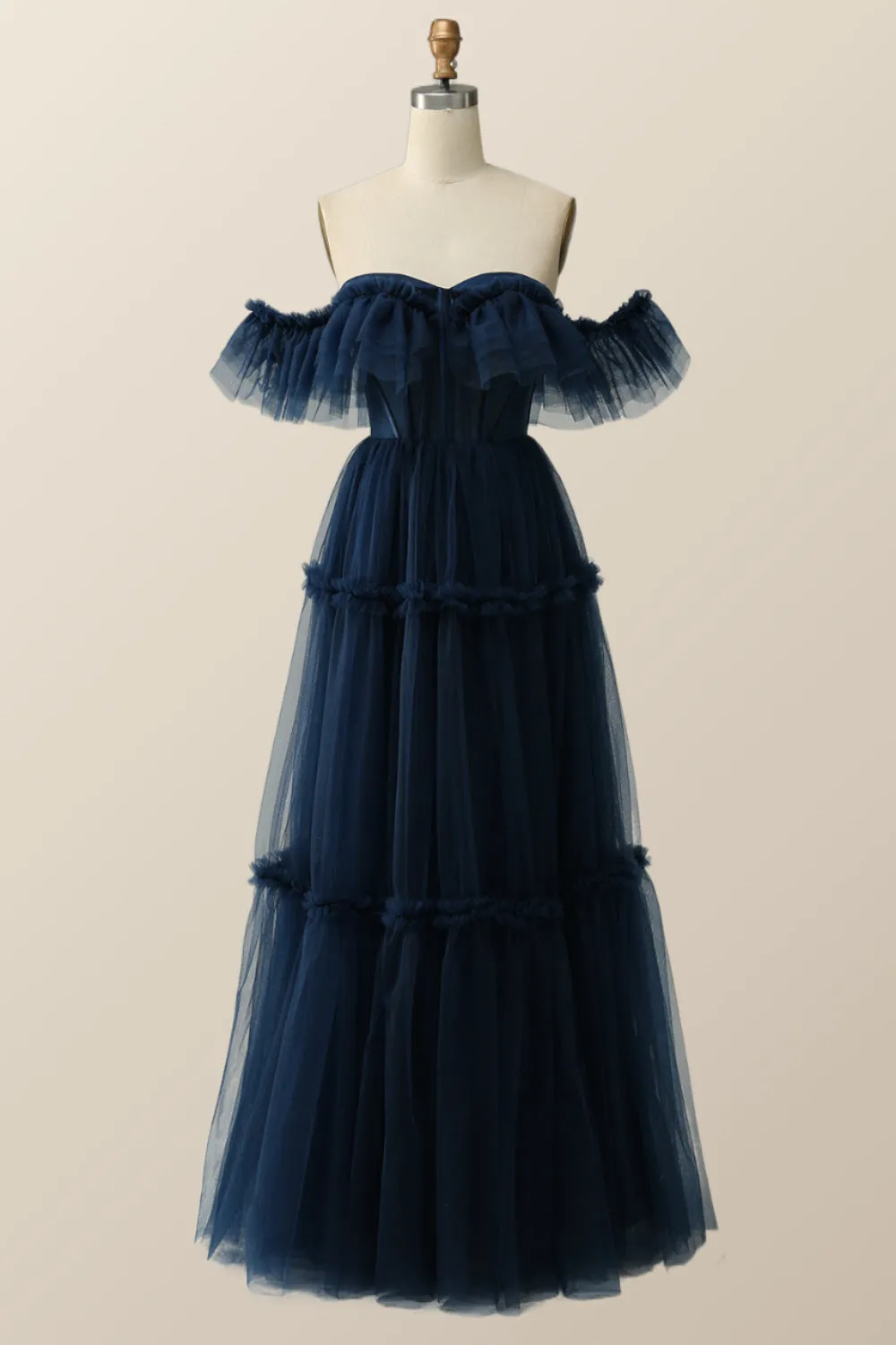 Off the Shoulder Navy Blue Tulle Formal Gown