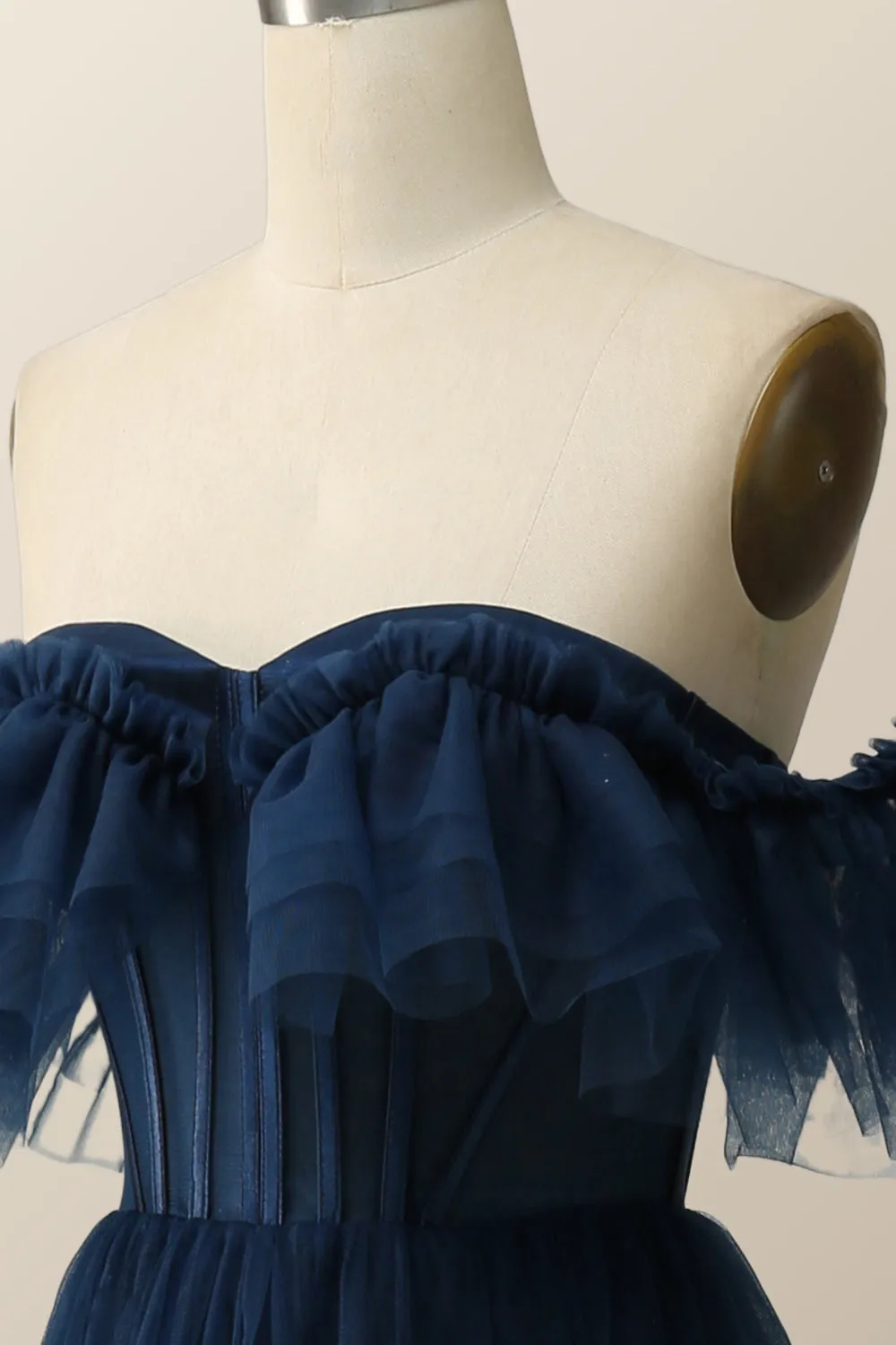 Off the Shoulder Navy Blue Tulle Formal Gown