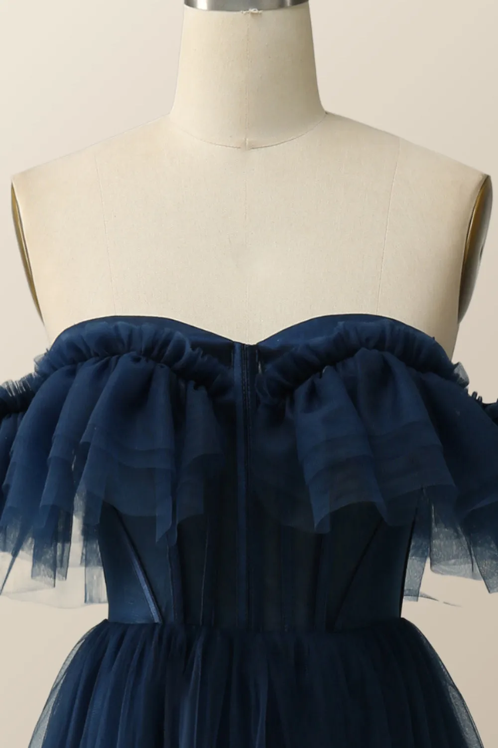 Off the Shoulder Navy Blue Tulle Formal Gown