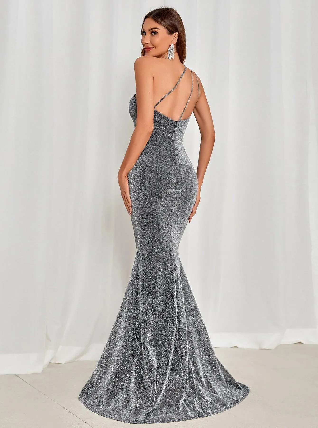 One Shoulder Backless Mermaid Hem Glitter Dress