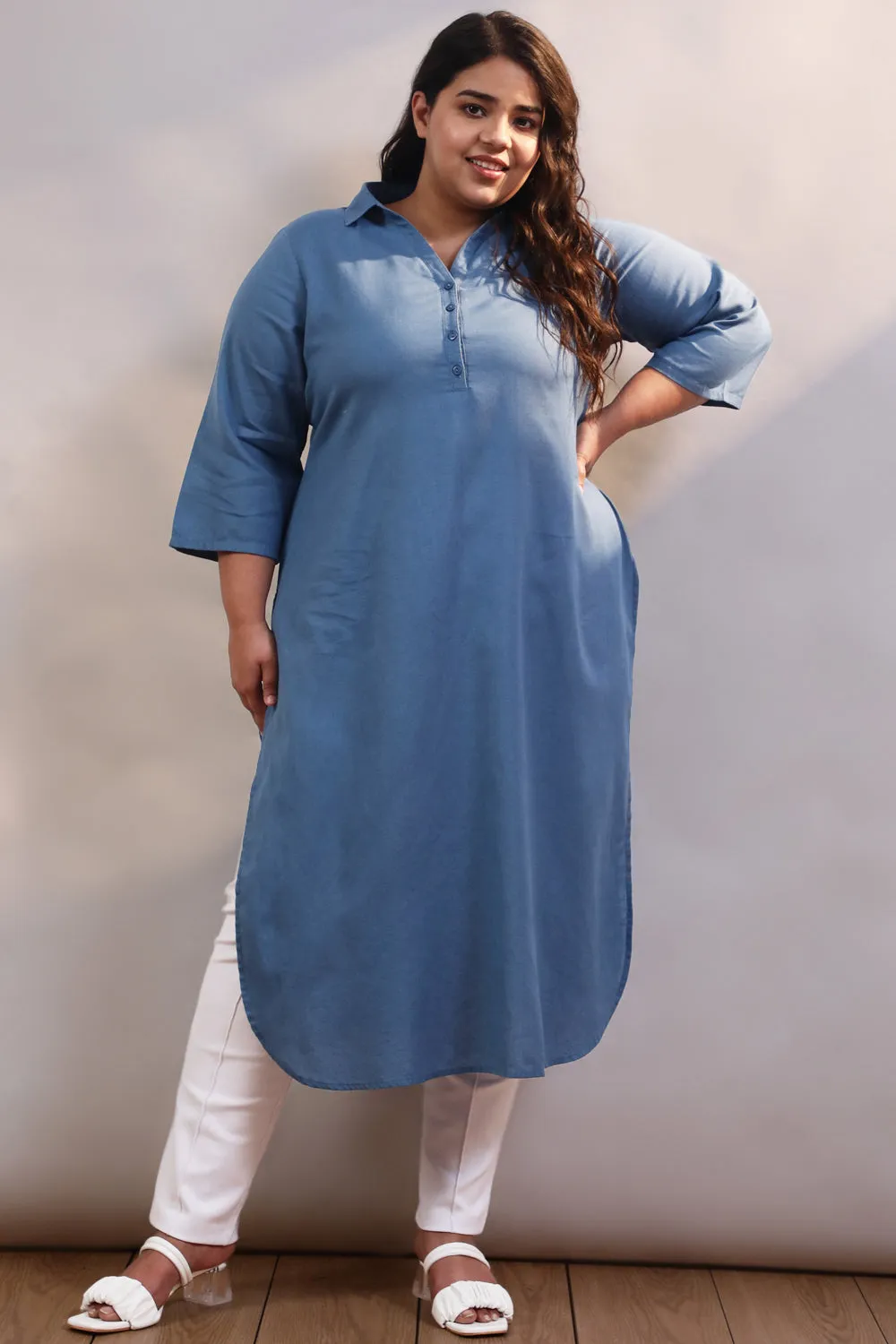 Plus Size Blue Cotton Linen Collar Kurta