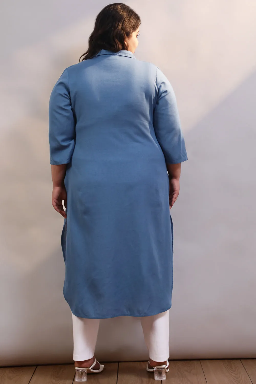 Plus Size Blue Cotton Linen Collar Kurta