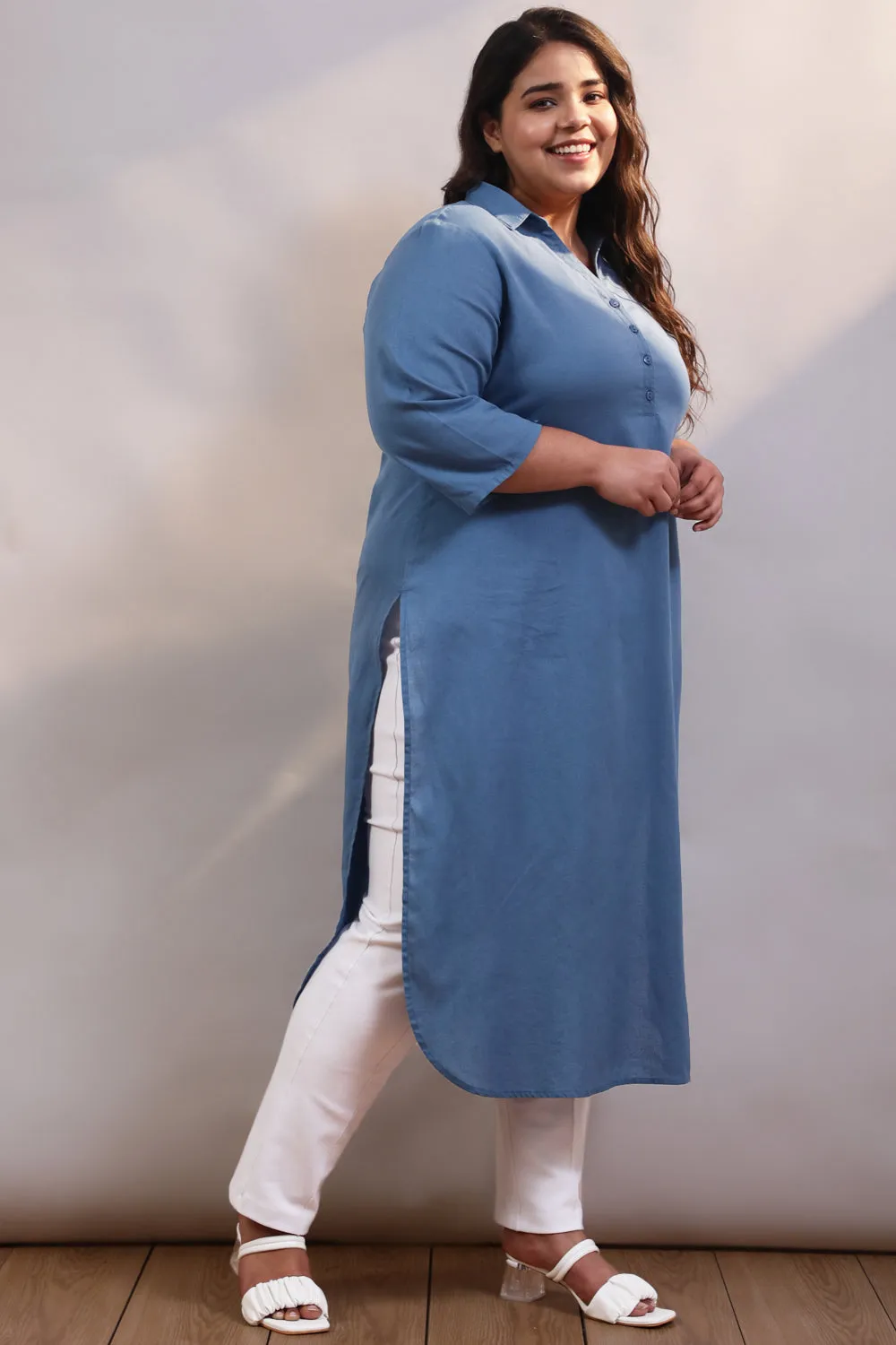 Plus Size Blue Cotton Linen Collar Kurta