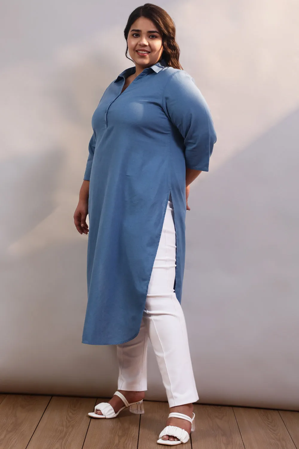 Plus Size Blue Cotton Linen Collar Kurta