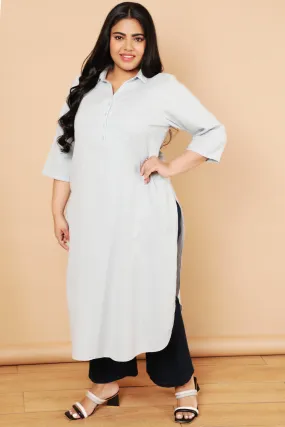 Plus Size Sky Blue Cotton Linen Collar Kurta