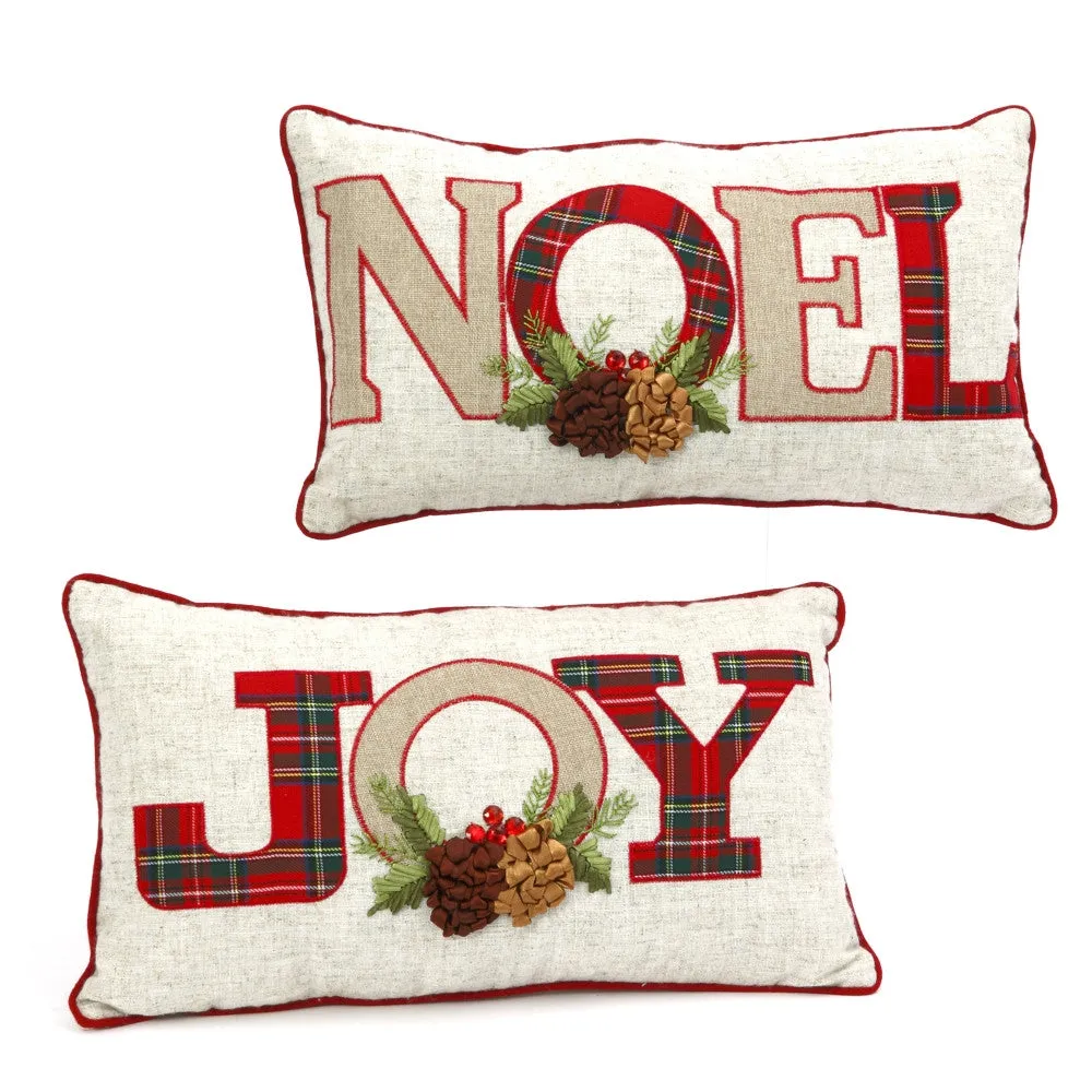 "NOEL" and "JOY" Gray and Red Holiday Throw Pillows (Set of 2)