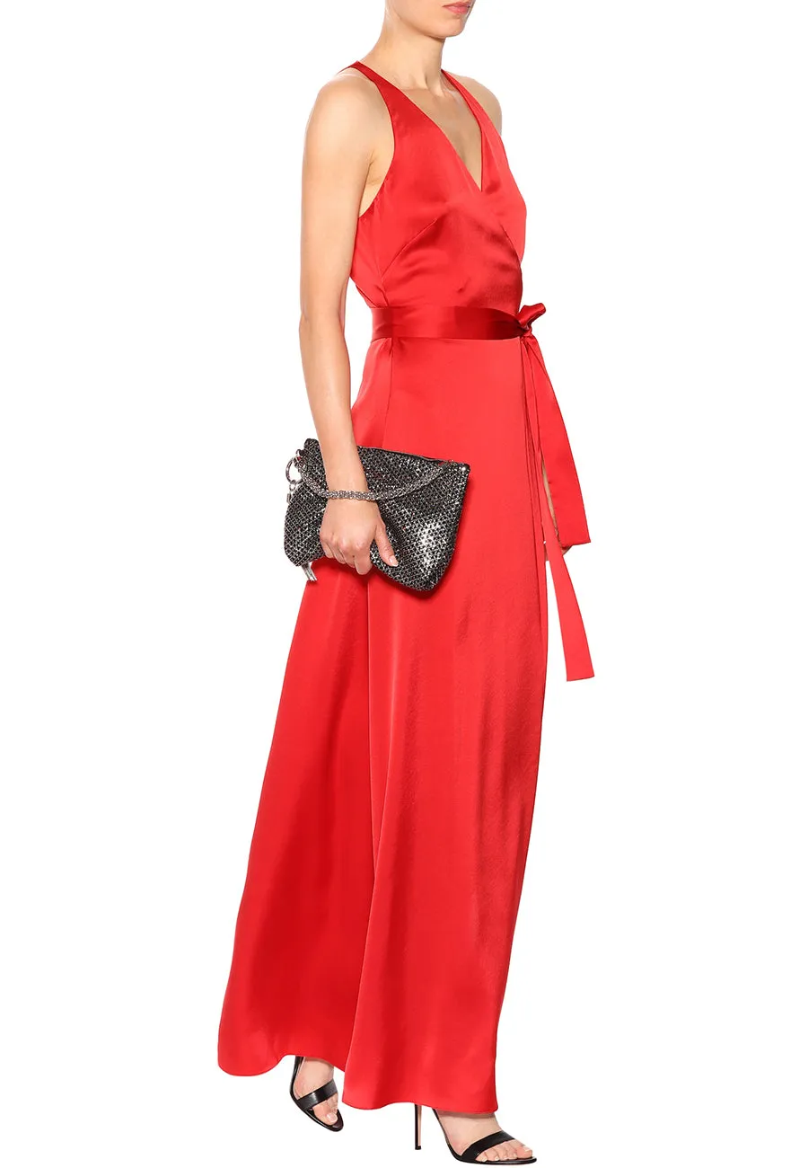 Red Satin Wrap Maxi Dress