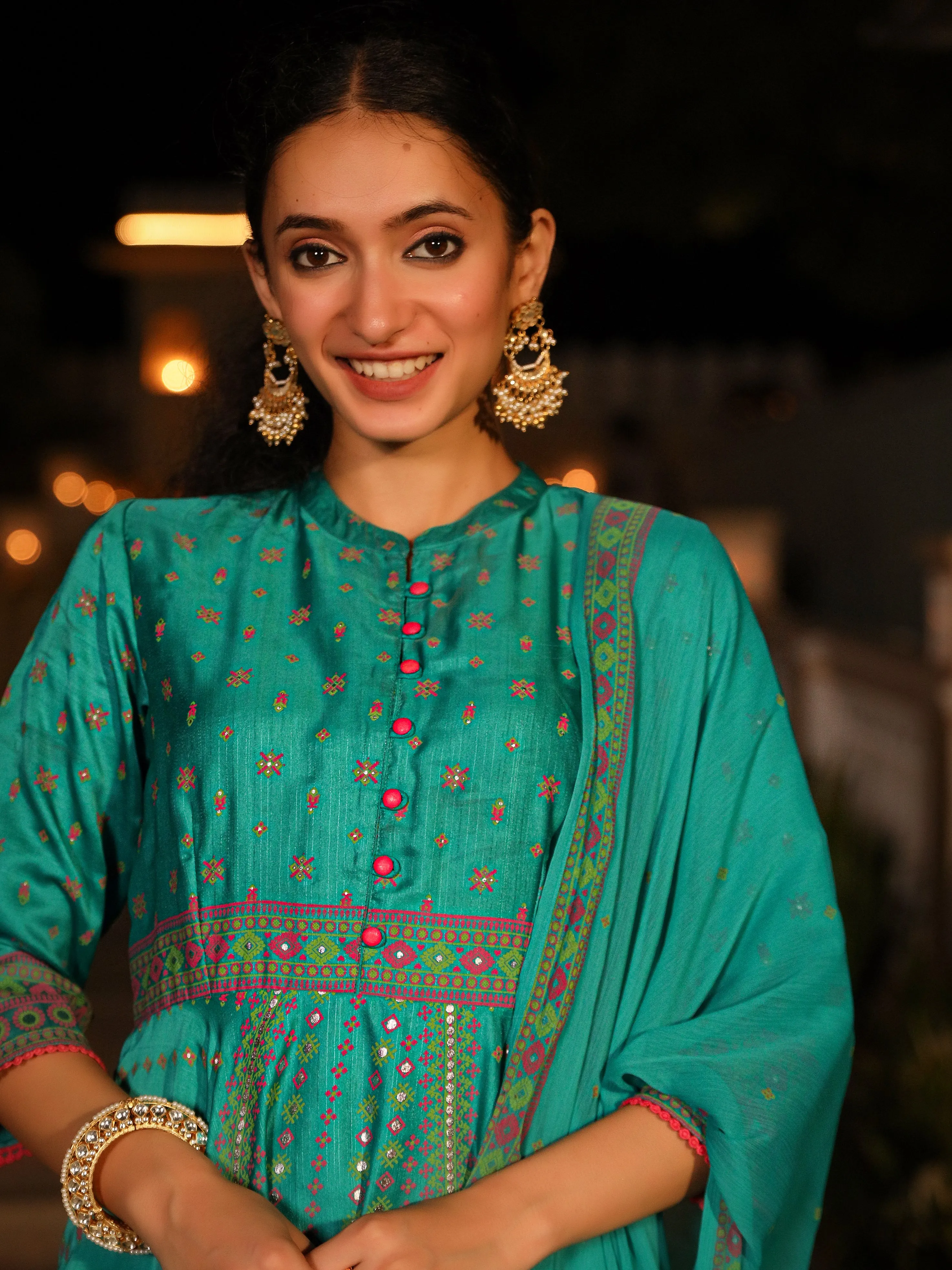 Sea Green Ethnic Motif Printed Slub Satin Kurta Pant And Chiffon Dupatta Set With Buttons & Lace