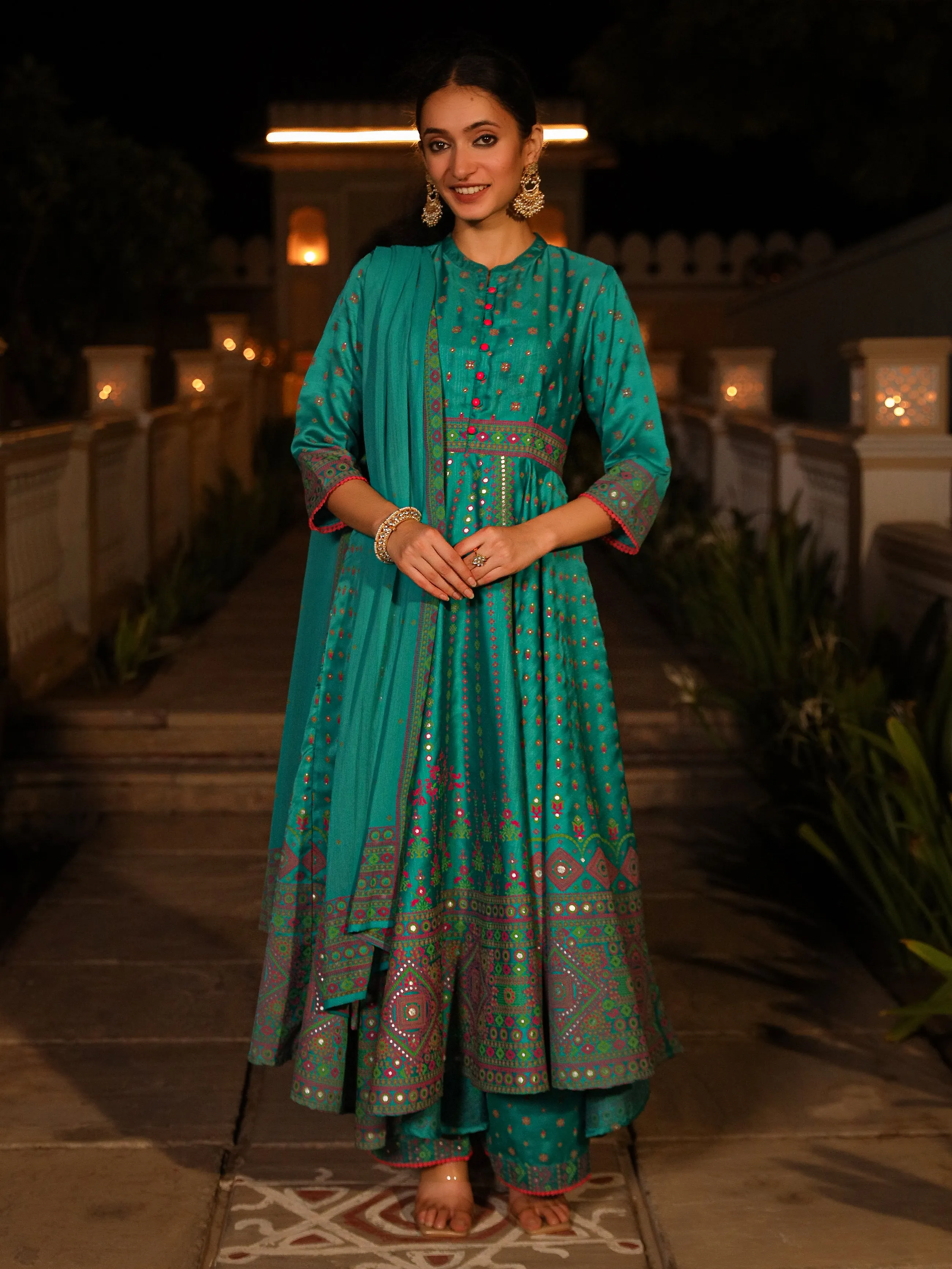 Sea Green Ethnic Motif Printed Slub Satin Kurta Pant And Chiffon Dupatta Set With Buttons & Lace