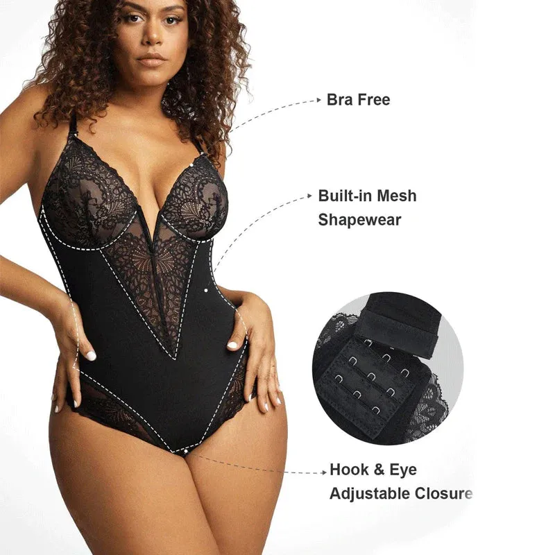 Shecurve® Lace Deep-V Neck Bodysuits