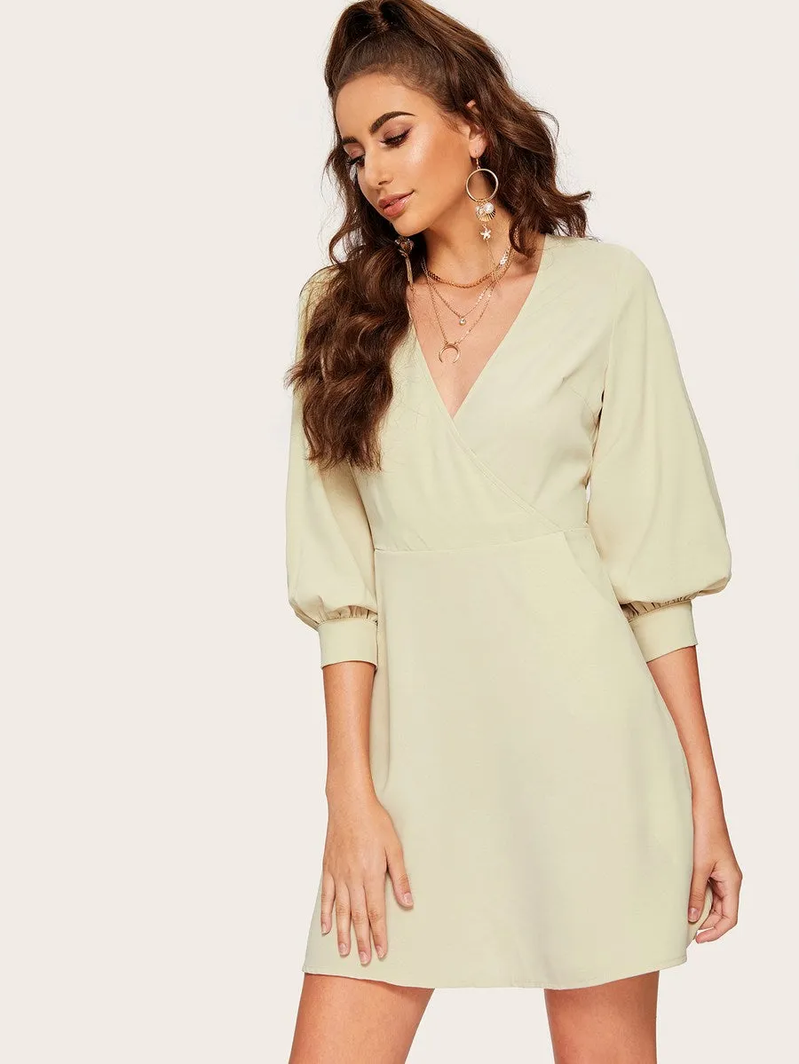 Surplice Neck Lantern Sleeve Dress