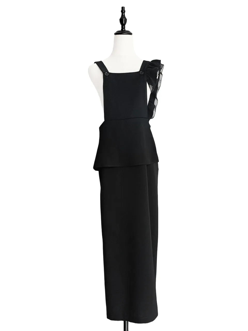 Surprise Sale! Black Asymmetrical Ruffle Strap Maxi Pinafore Dress