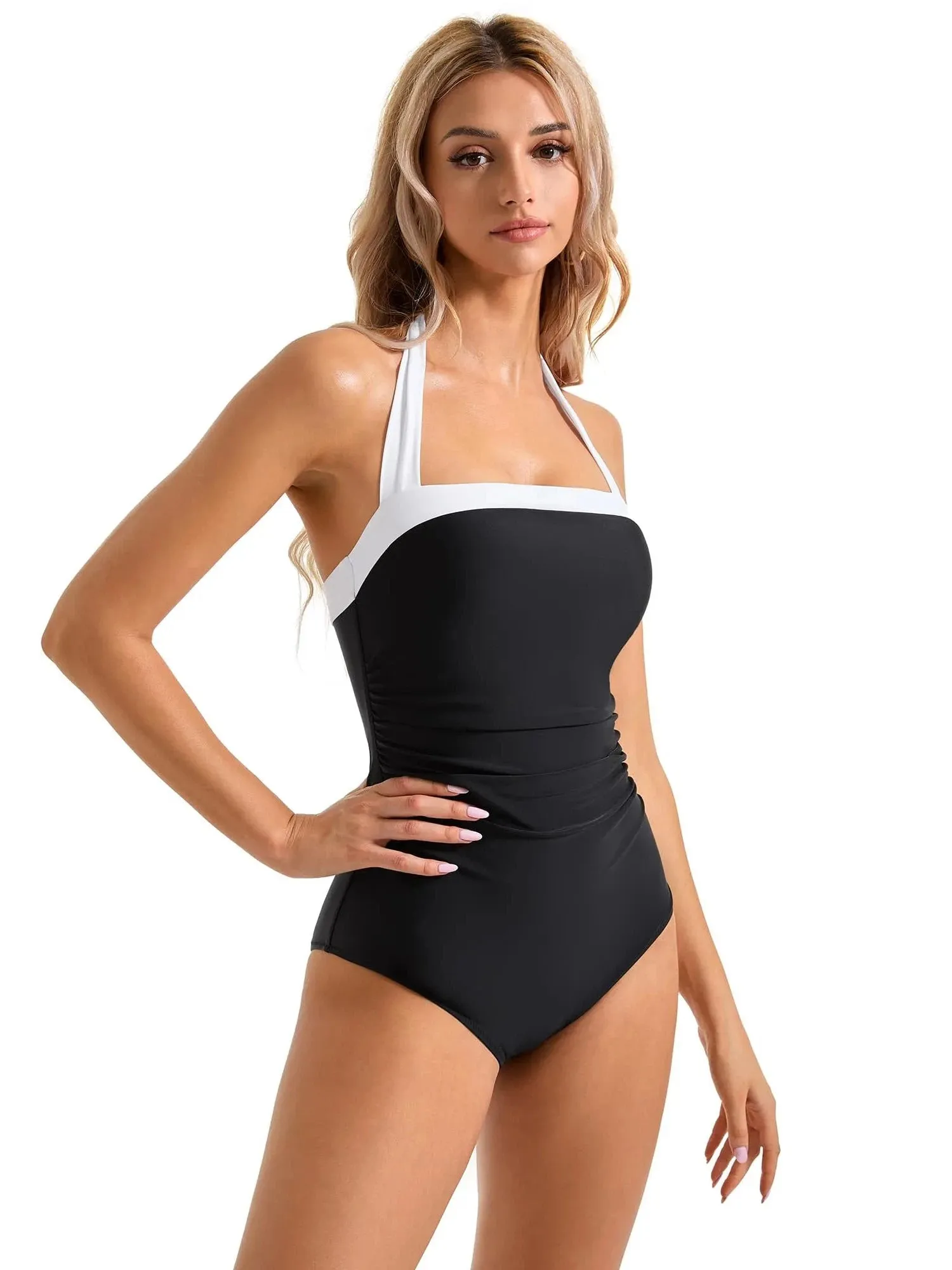 SUUKSESS Women Sexy Tummy Control One Piece Swimsuit Halter Retro Bathing Suit