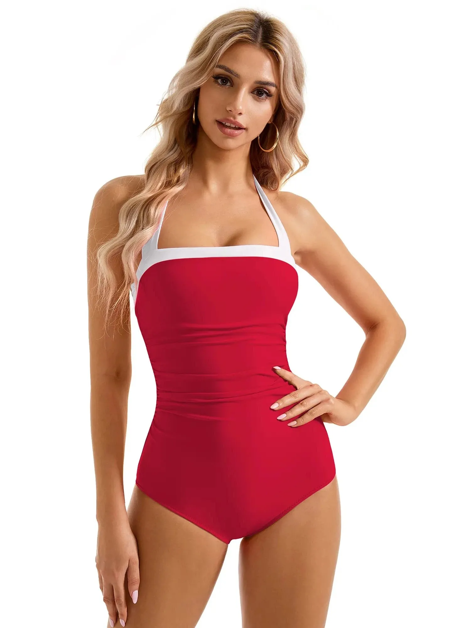 SUUKSESS Women Sexy Tummy Control One Piece Swimsuit Halter Retro Bathing Suit