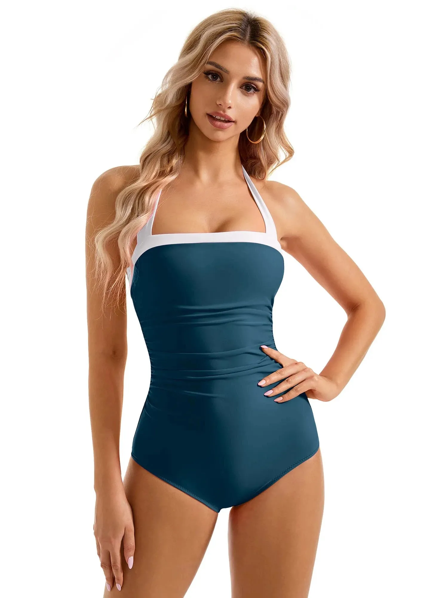 SUUKSESS Women Sexy Tummy Control One Piece Swimsuit Halter Retro Bathing Suit