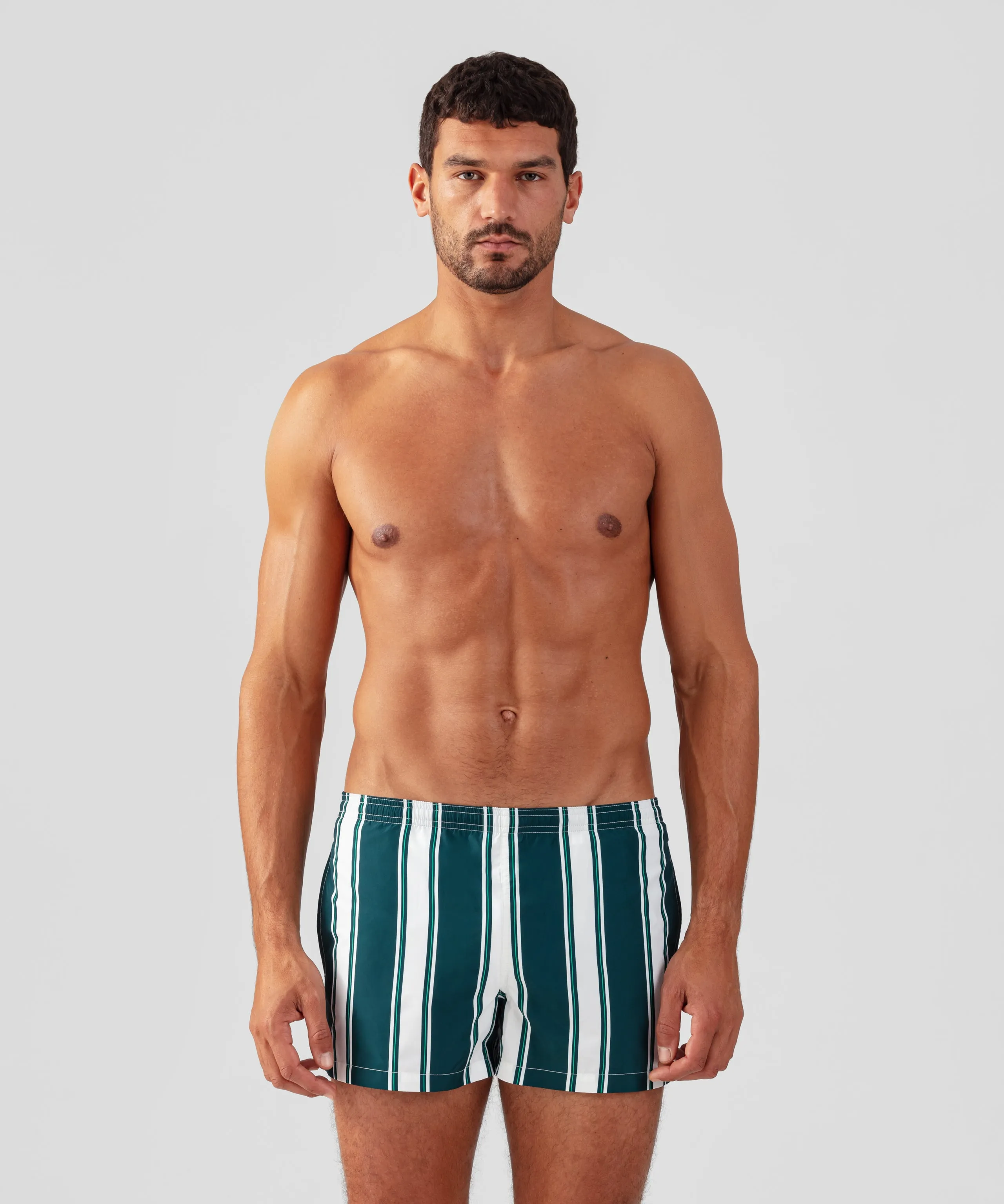 Swim Shorts w. Irregular Stripes: Pine Green/White