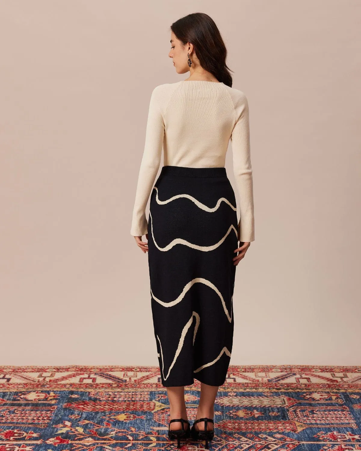 The Black Colorblock Wave Knit Midi Skirt