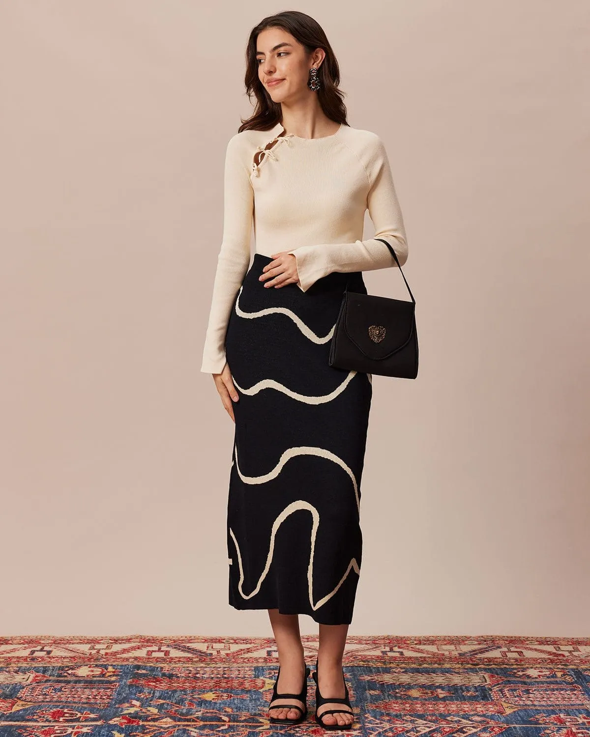 The Black Colorblock Wave Knit Midi Skirt