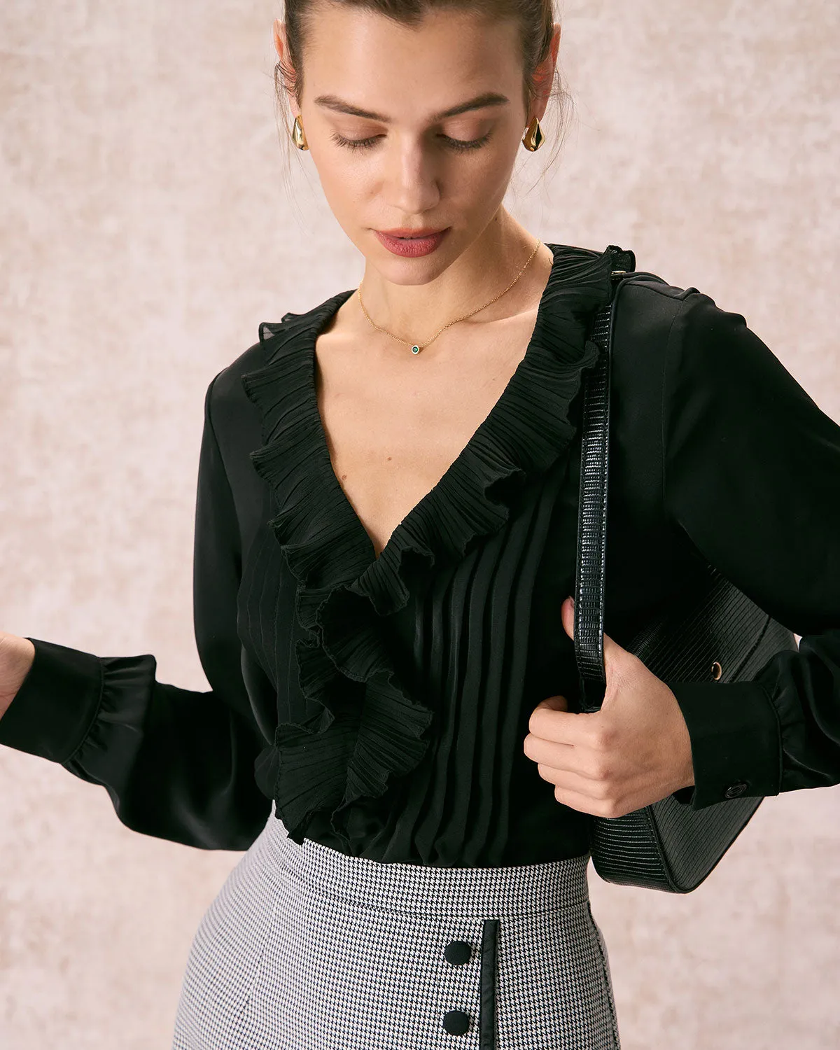 The Black V Neck Ruffle Long Sleeve Blouse