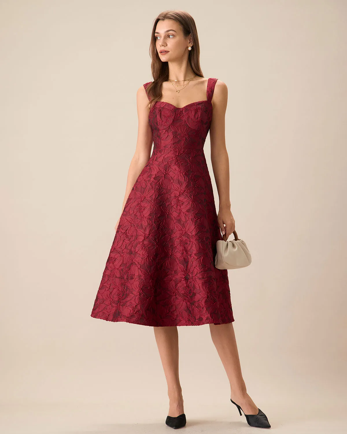 The Red Sweetheart Neck Jacquard Midi Dress