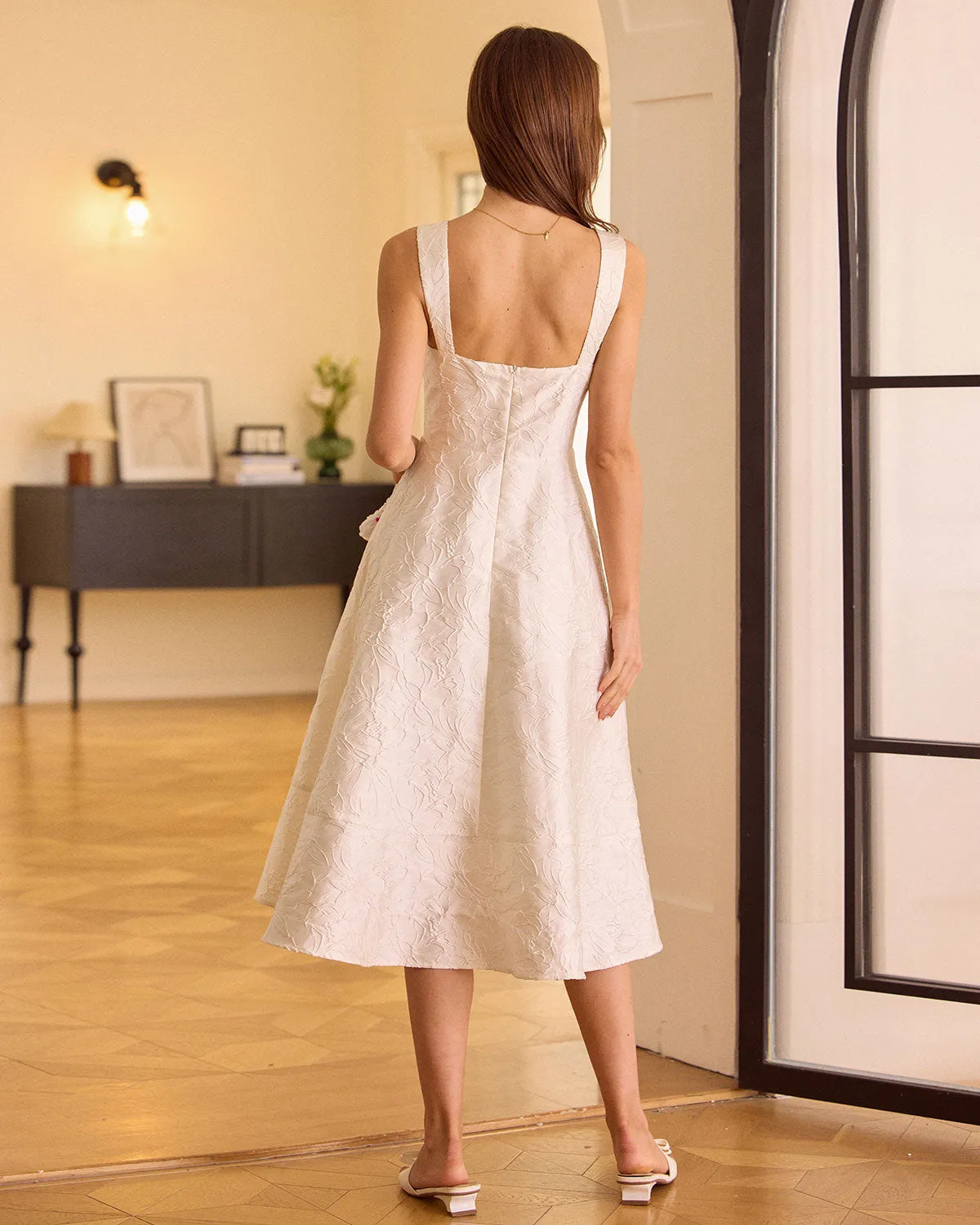 The White Sweetheart Neck Jacquard Midi Dress