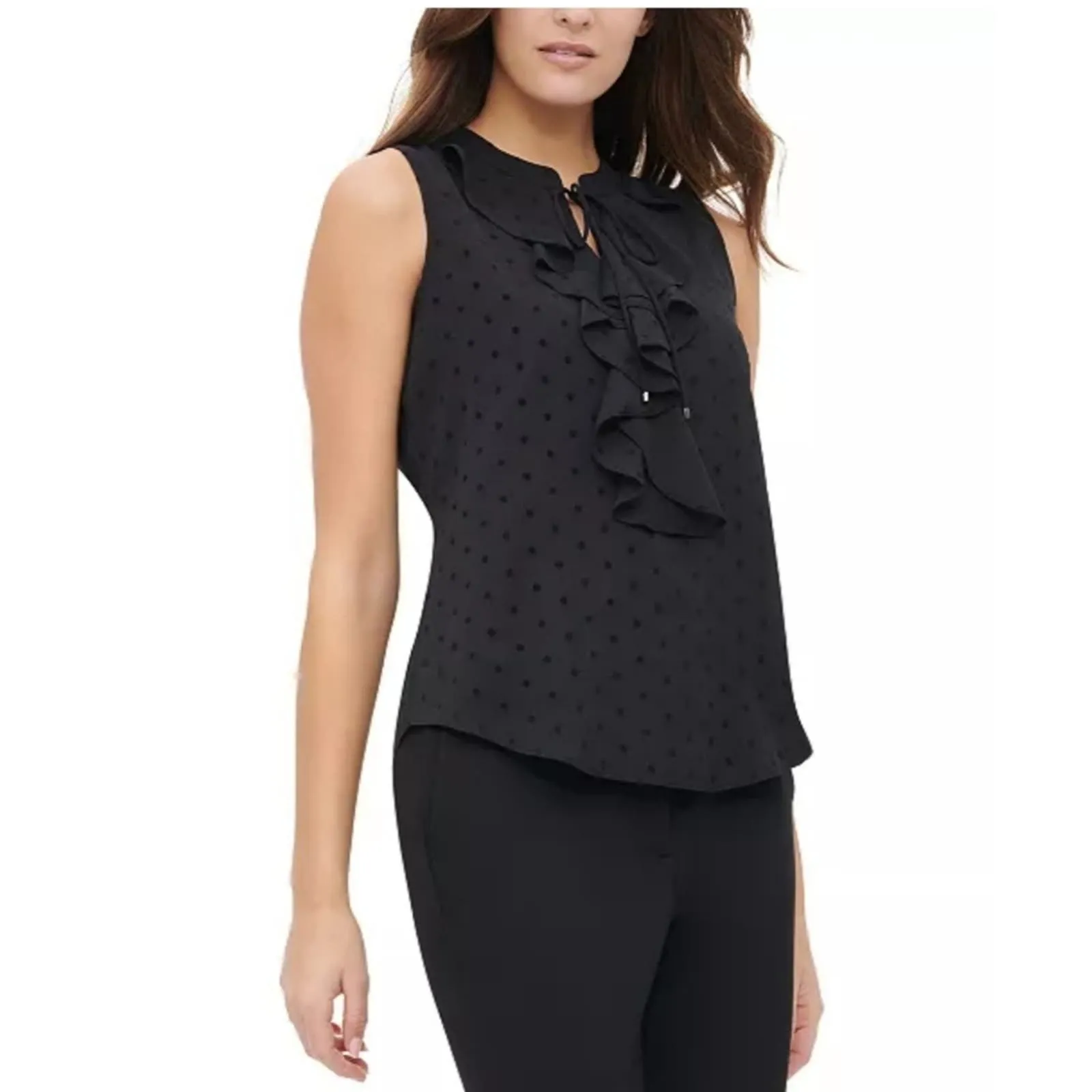 Tommy Hilfiger Dot Print Ruffle Top XS Black