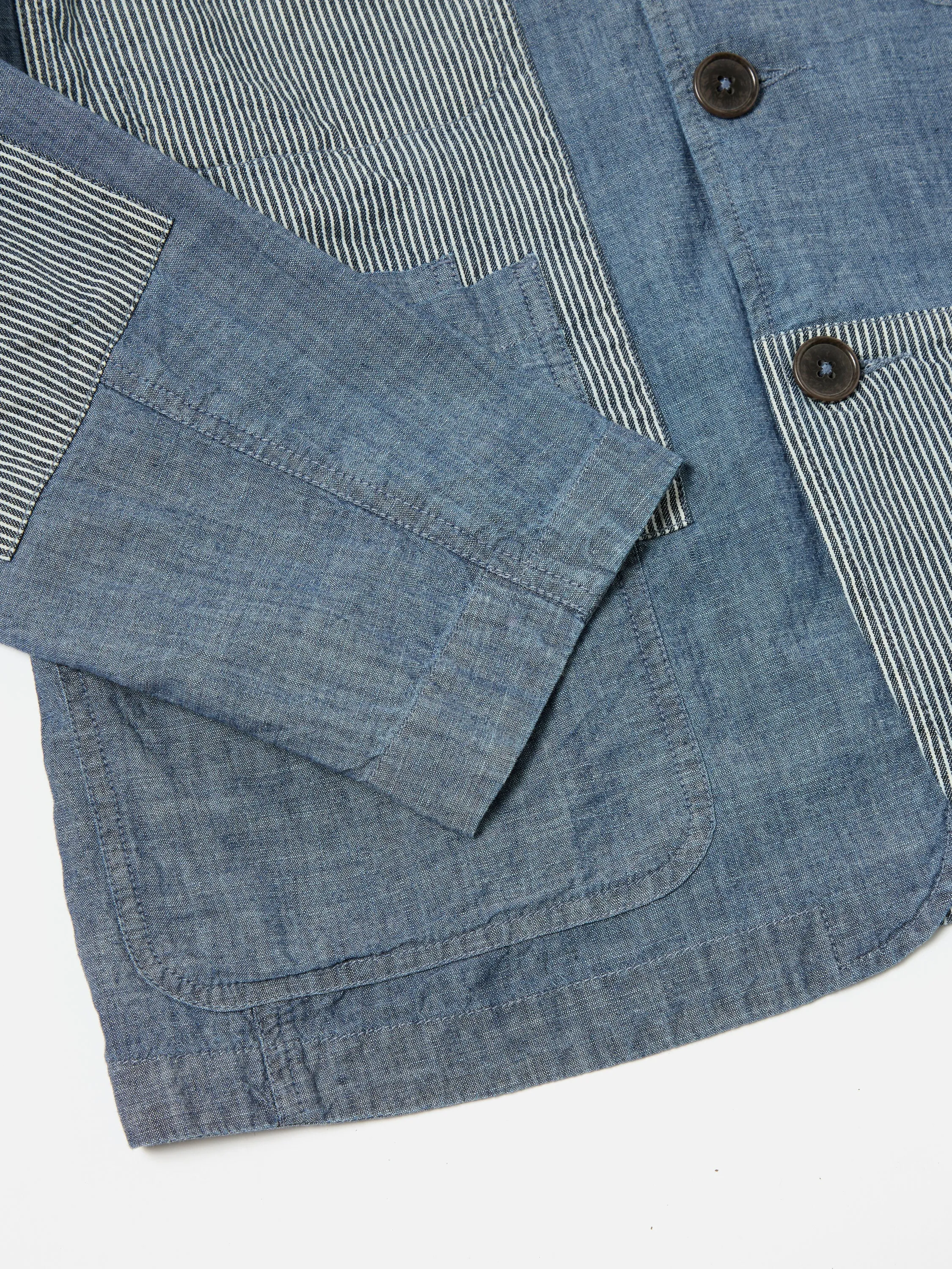 Universal Works Patched Bakers Jacket in Indigo Chambray/Hickory Stripe Denim