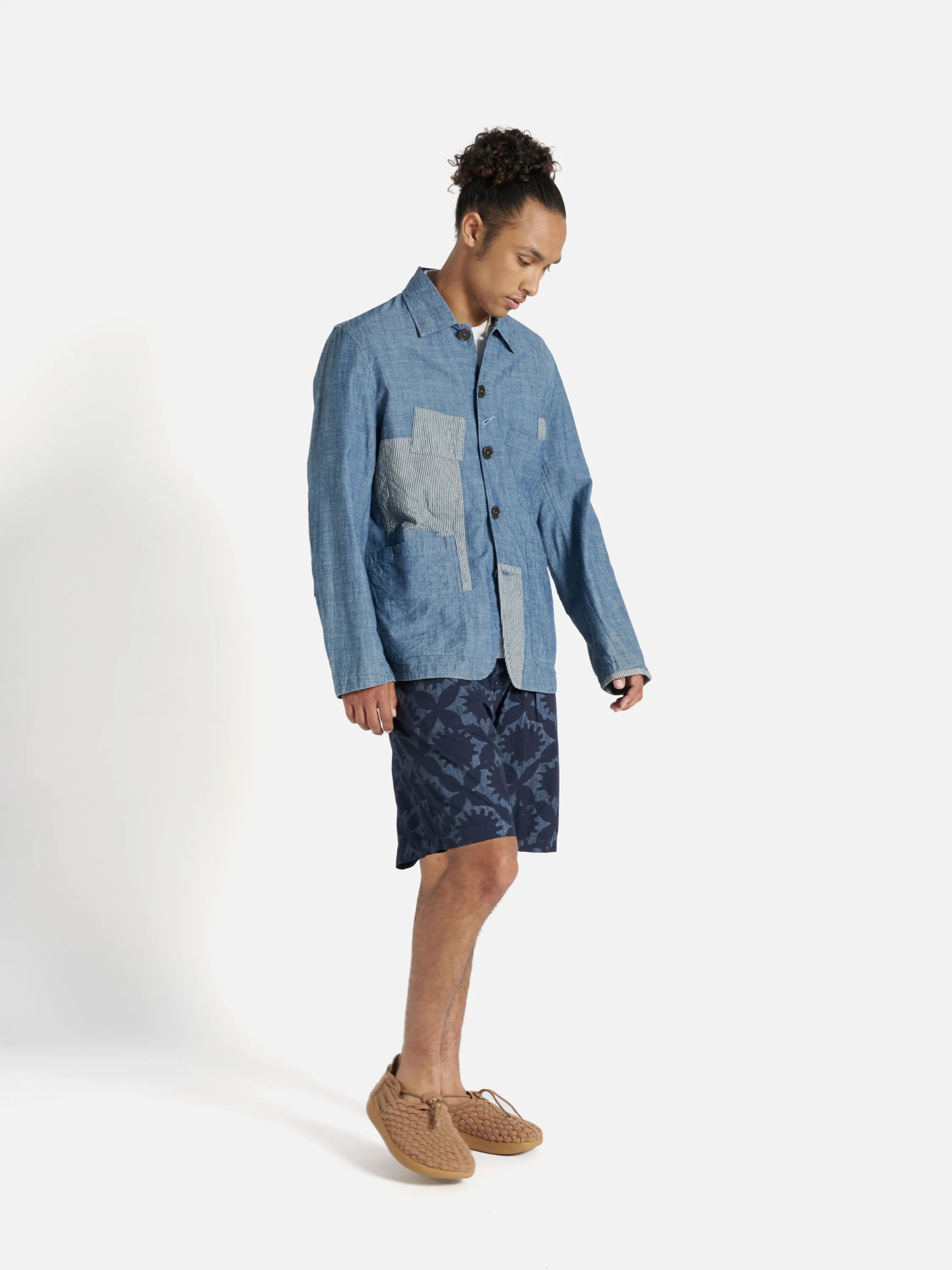 Universal Works Patched Bakers Jacket in Indigo Chambray/Hickory Stripe Denim