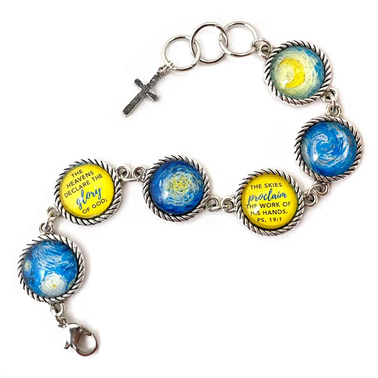 Van Gogh Starry Night Psalm 19 Scripture Bracelet – Round Antique Silver Twist Edge Design