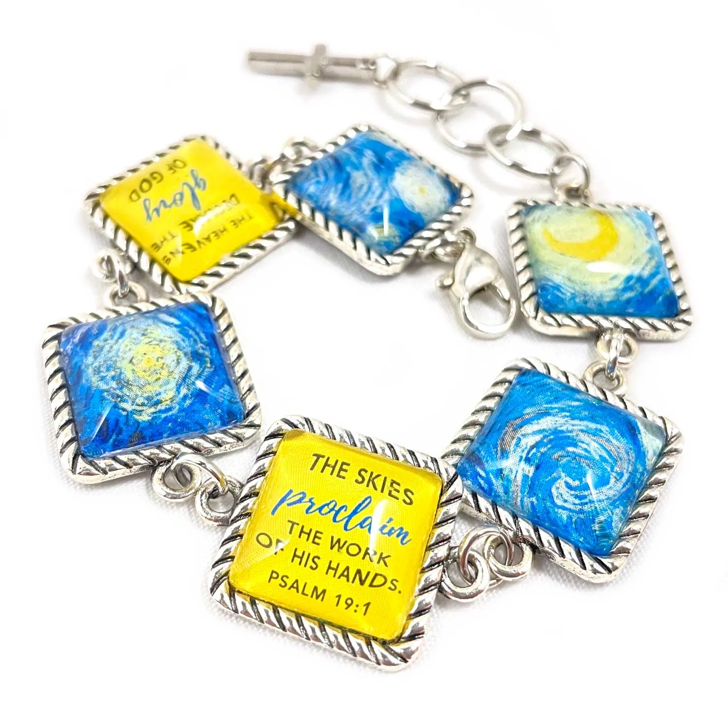 Van Gogh Starry Night Psalm 19 Scripture Bracelet – Round Antique Silver Twist Edge Design