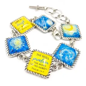 Van Gogh Starry Night Psalm 19 Scripture Bracelet – Square Antique Silver Twist Edge Design