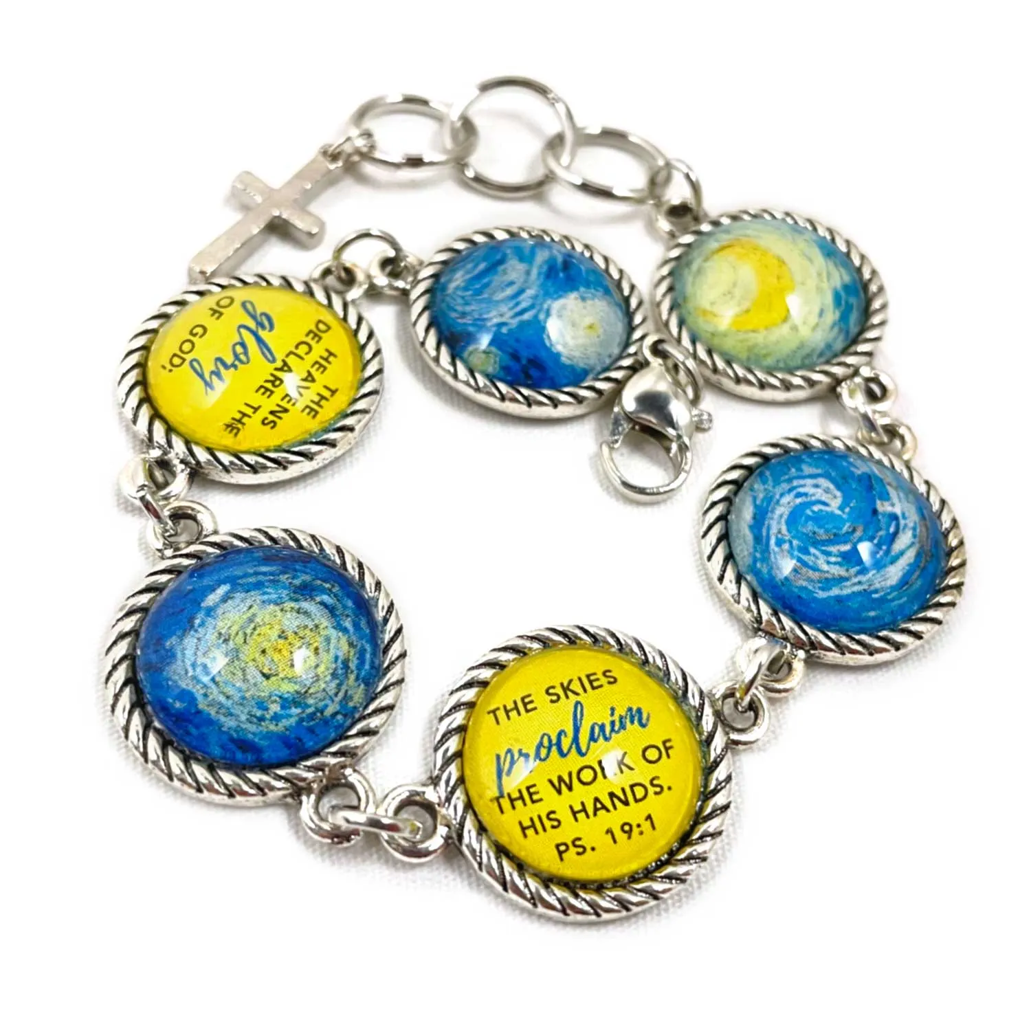 Van Gogh Starry Night Psalm 19 Scripture Bracelet – Square Antique Silver Twist Edge Design