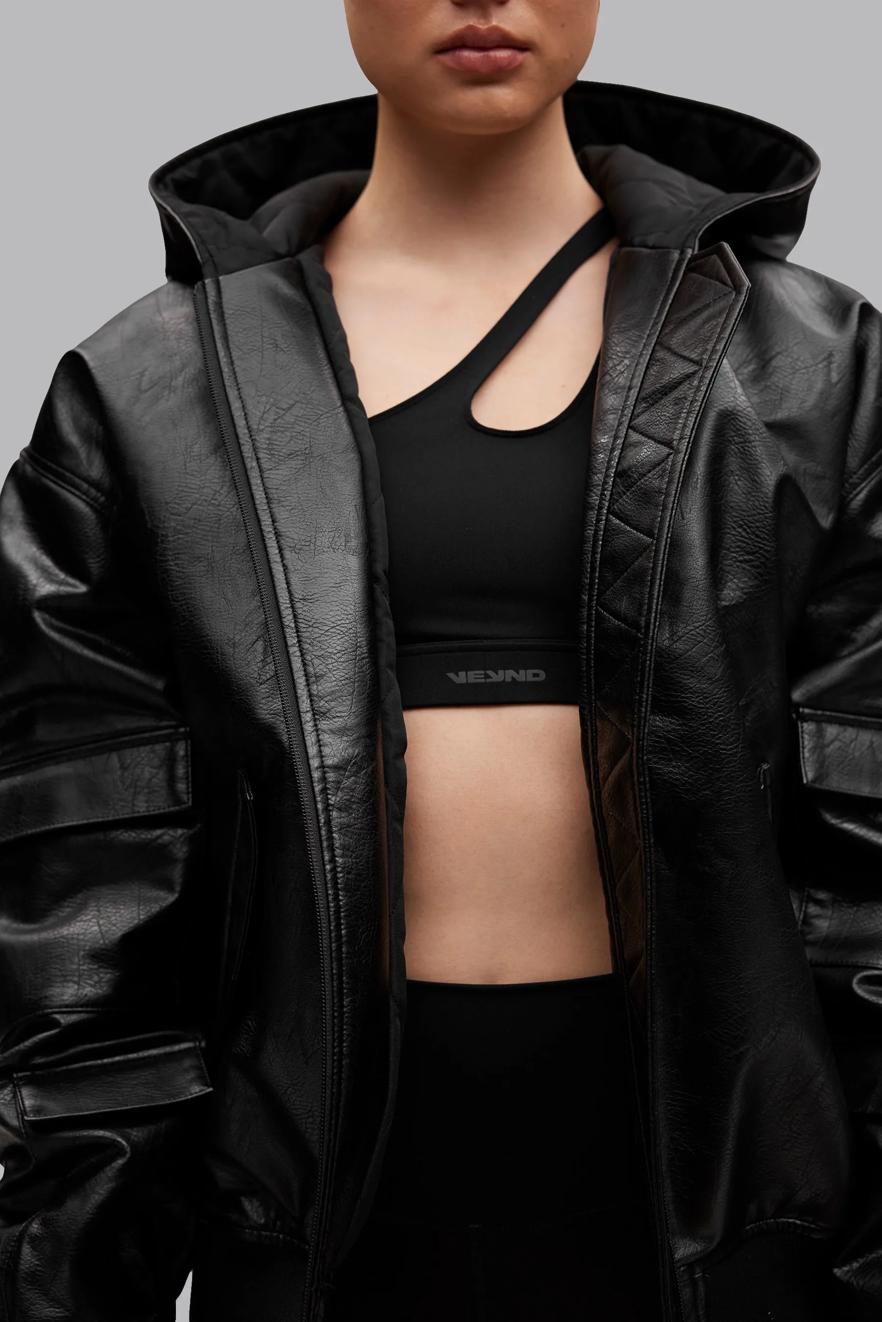 V_GAN LEATHER BOXY BOMBER JACKET - Black