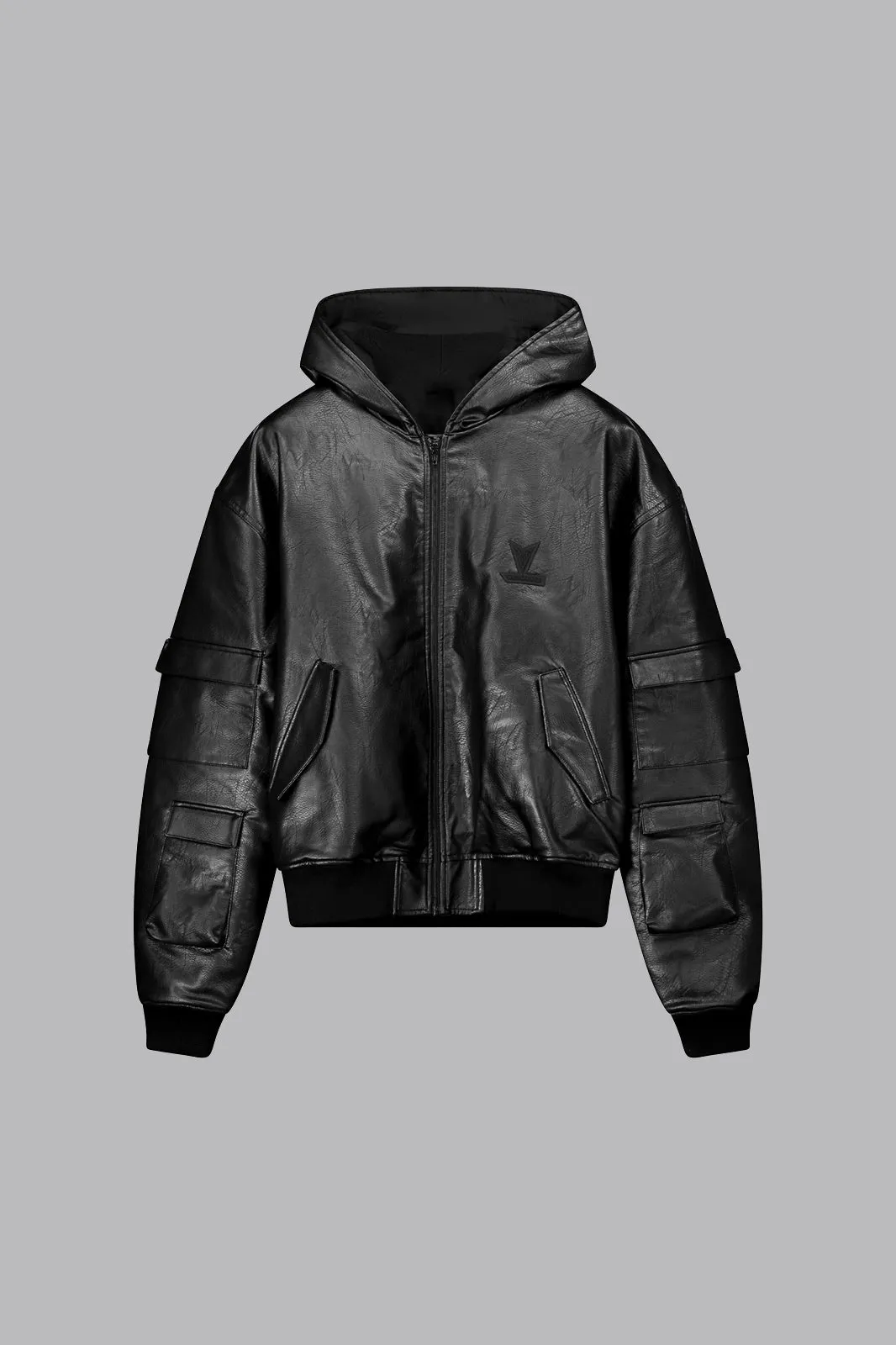 V_GAN LEATHER BOXY BOMBER JACKET - Black