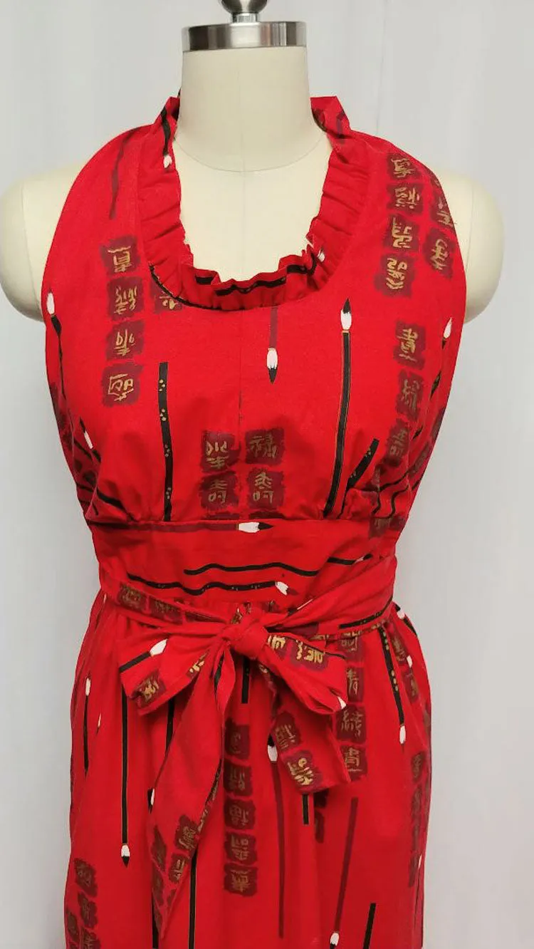 *VINTAGE ASIAN CHINESE BRUSH PAINTING AND SIGNS BACKLESS HALTER WRAP DRESS - FABULOUS!