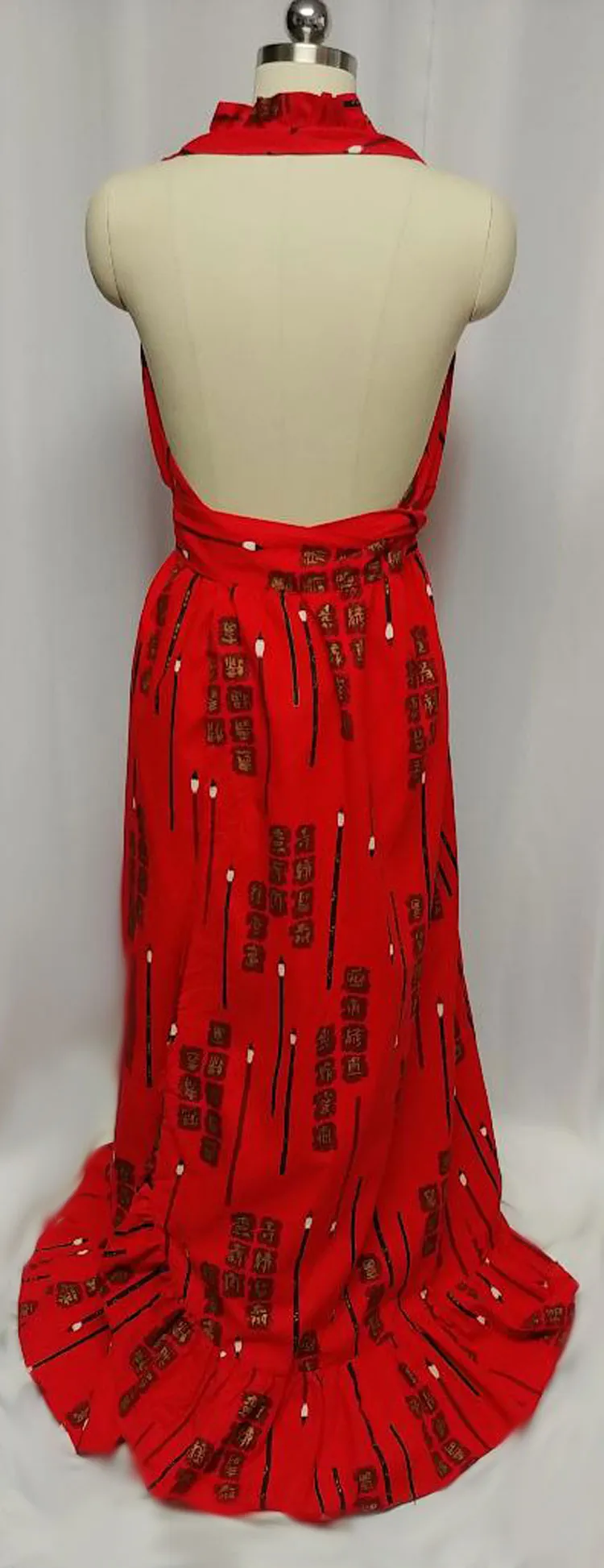 *VINTAGE ASIAN CHINESE BRUSH PAINTING AND SIGNS BACKLESS HALTER WRAP DRESS - FABULOUS!